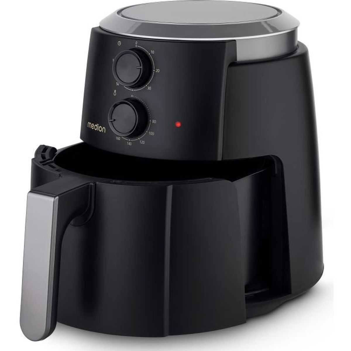 Zwarte airfryer met zilveren handvat en bovenkant. Voorzien van draaiknoppen voor temperatuur en tijd. De mand is eruit getrokken.
