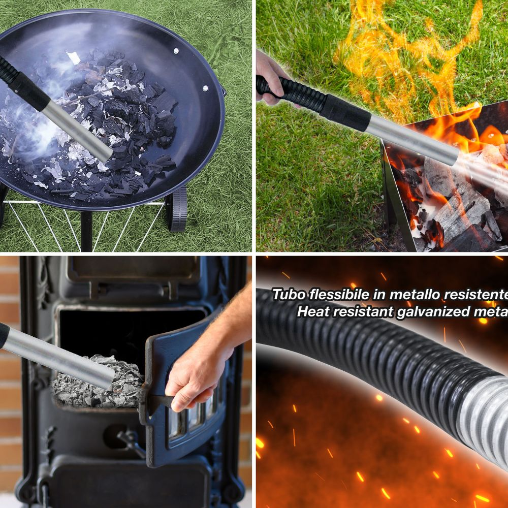 Immagini che mostrano un tubo metallico utilizzato per rimuovere la cenere da una griglia, un braciere e una stufa. Primo piano di un tubo metallico.
