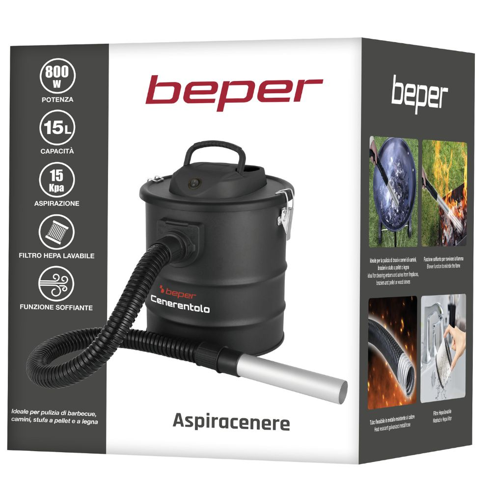 Un aspirapolvere per ceneri Beper nero su sfondo bianco. Ha un tubo e un ugello metallico. Testo in italiano.