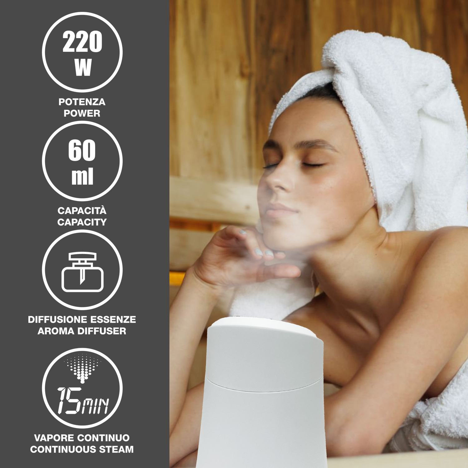 Donna in sauna con asciugamano, vapore dal diffusore. Testo: 220W Potenza, 60ml Capacità, Diffusore di aromi, 15min Vapore continuo.