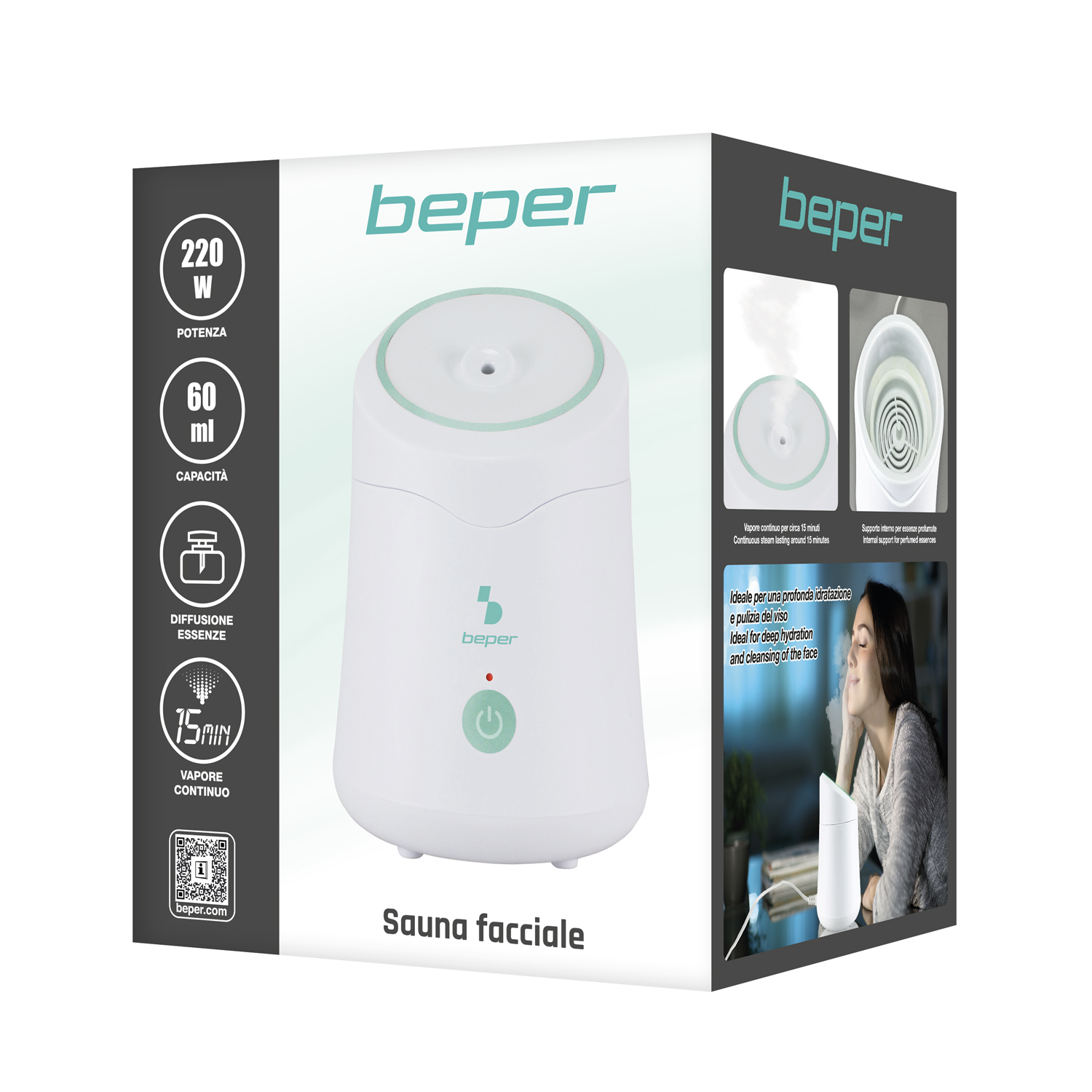 Una sauna facciale Beper bianca. Il testo indica 220W di potenza, 60ml di capacità, 15 min di vapore continuo. Una donna usa la sauna.