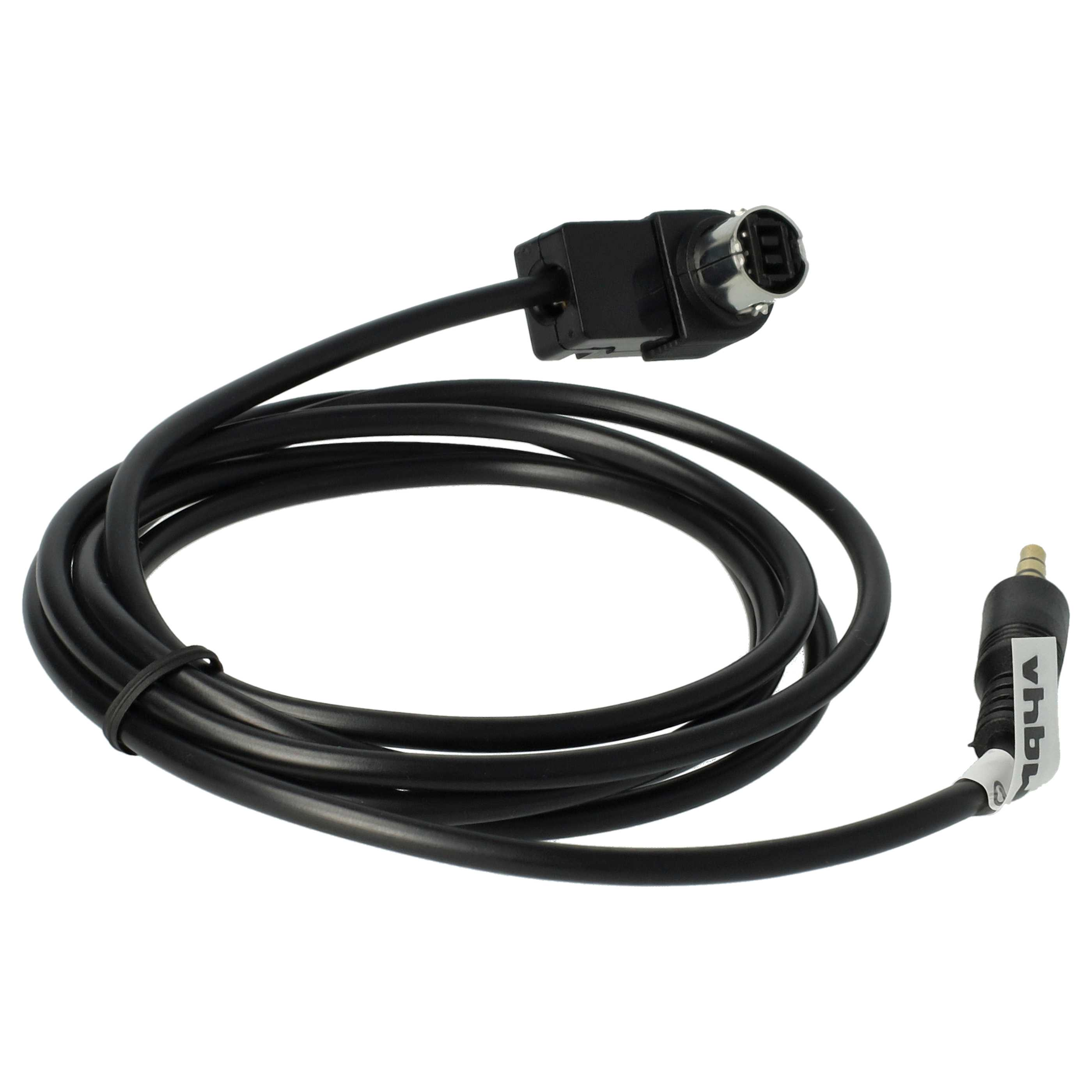 Ein schwarzes Kabel mit Anschlüssen an jedem Ende. Ein Ende hat einen runden Stecker, das andere eine 3,5-mm-Buchse.