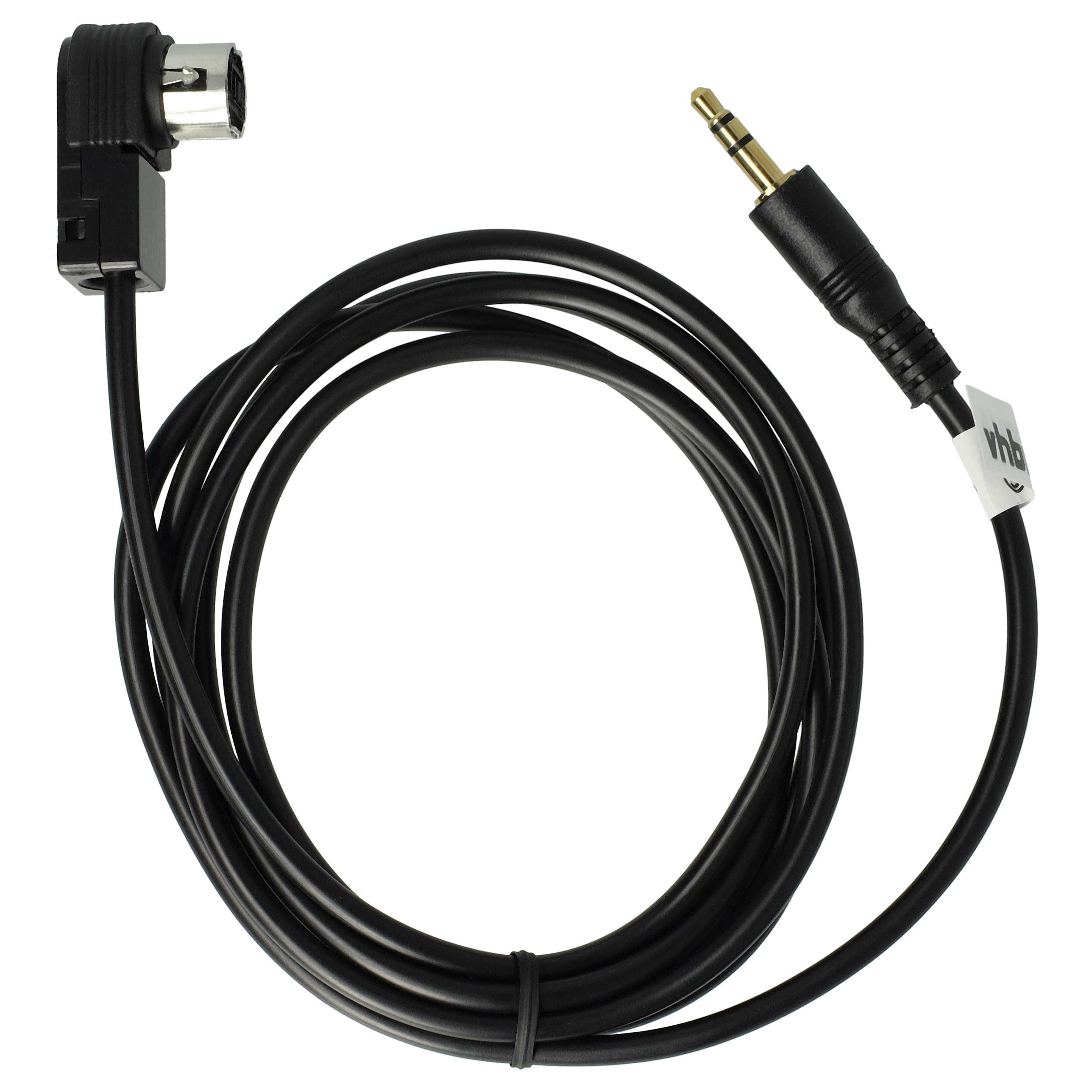 Schwarzes Audiokabel mit 3,5-mm-Klinke und DIN-Stecker. Das Kabel ist aufgerollt und gebunden.