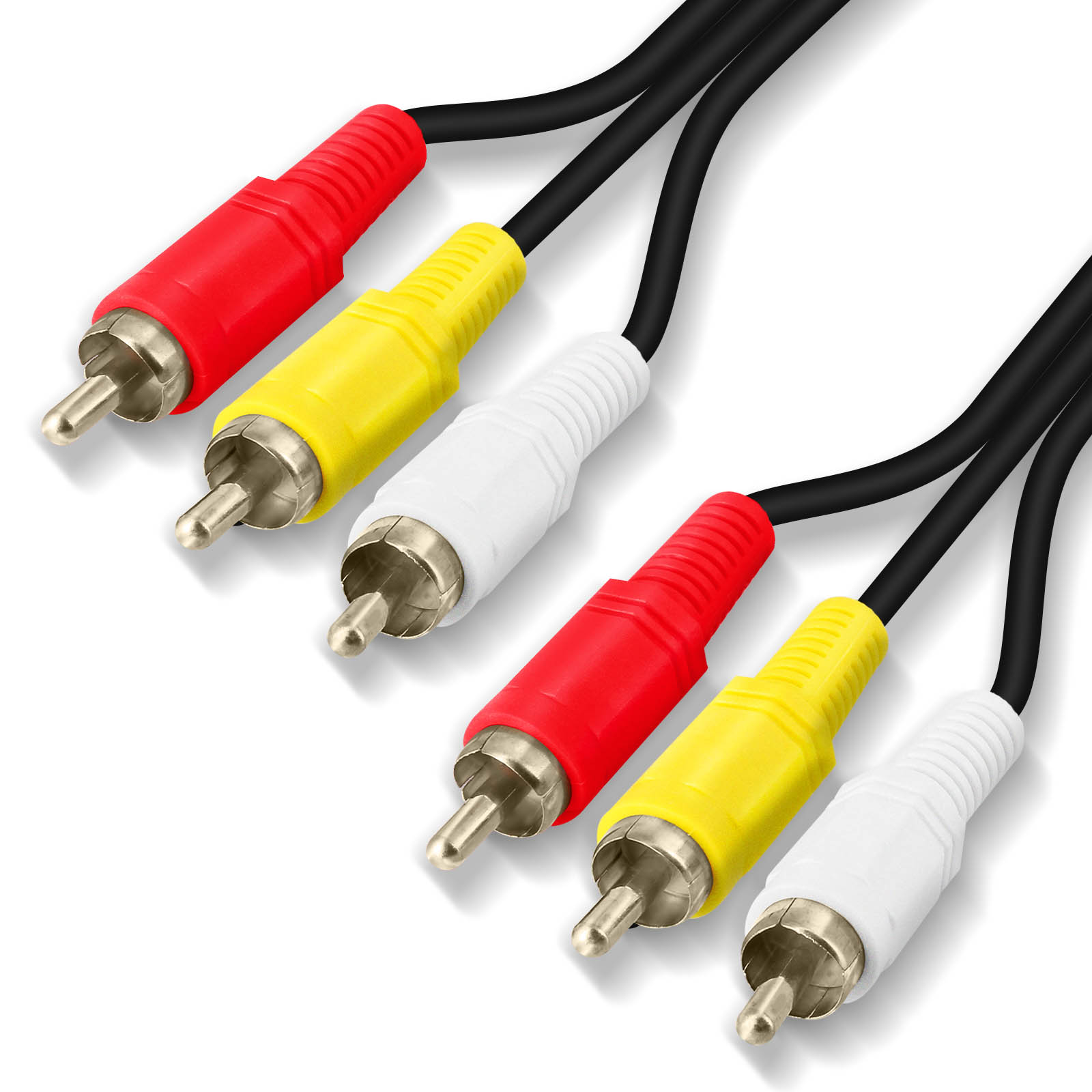 Das Bild zeigt Audio-/Videokabel mit roten, gelben und weißen Steckern. Schwarze Kabel gehen von den Steckern aus, vor weißem Hintergrund.