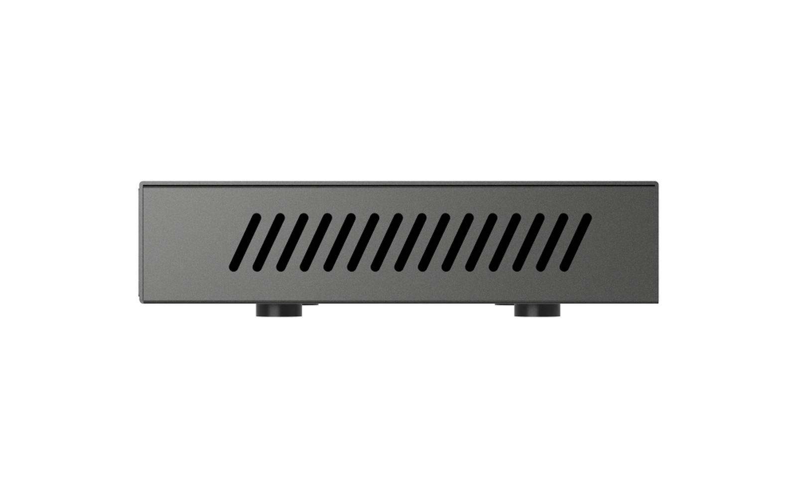 Szare, prostokątne urządzenie z ukośnymi otworami wentylacyjnymi i dwoma czarnymi, cylindrycznymi nóżkami na białym tle.