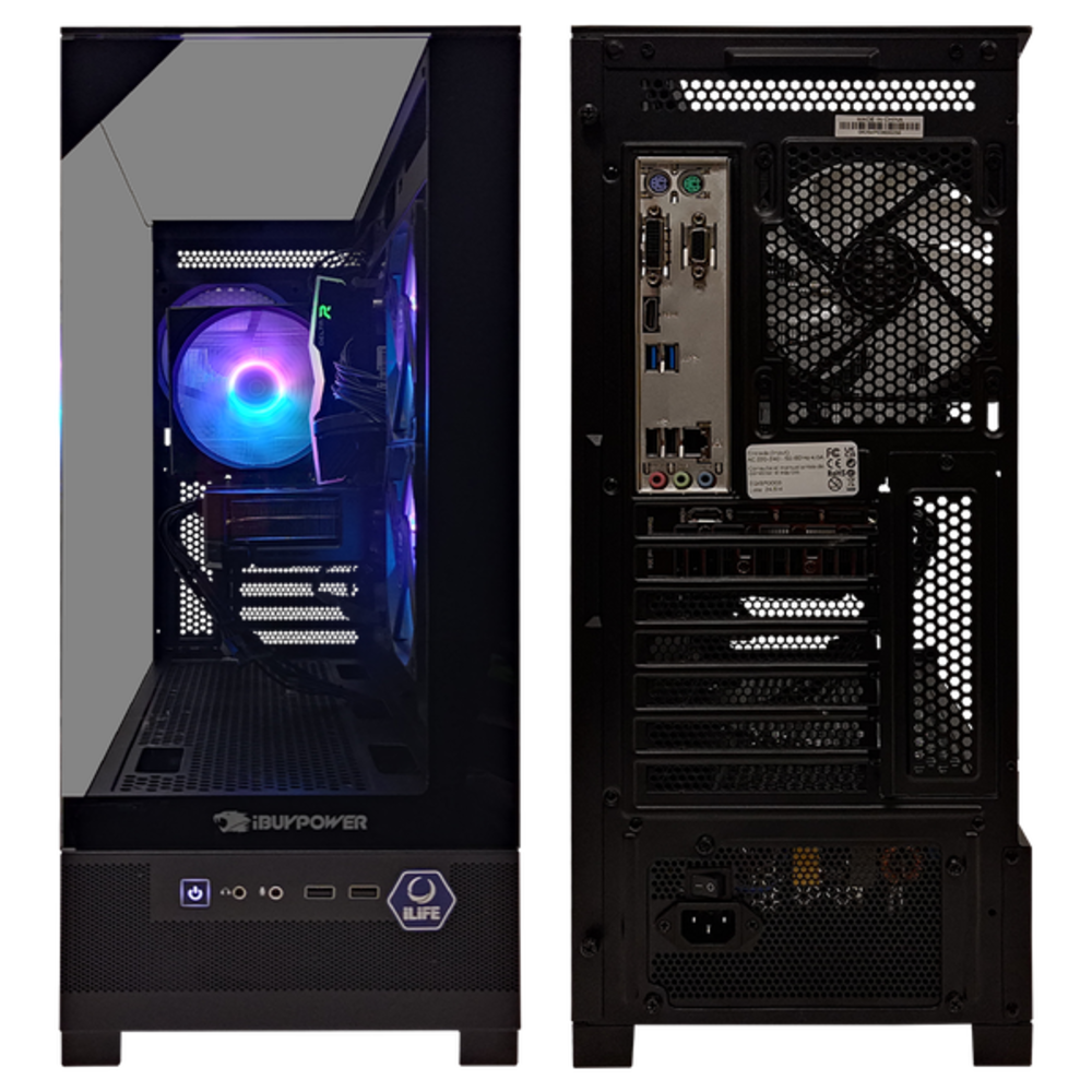 Se muestra una caja de ordenador dividida en dos vistas. Un lado muestra los componentes internos con ventiladores de color, el otro el panel trasero.