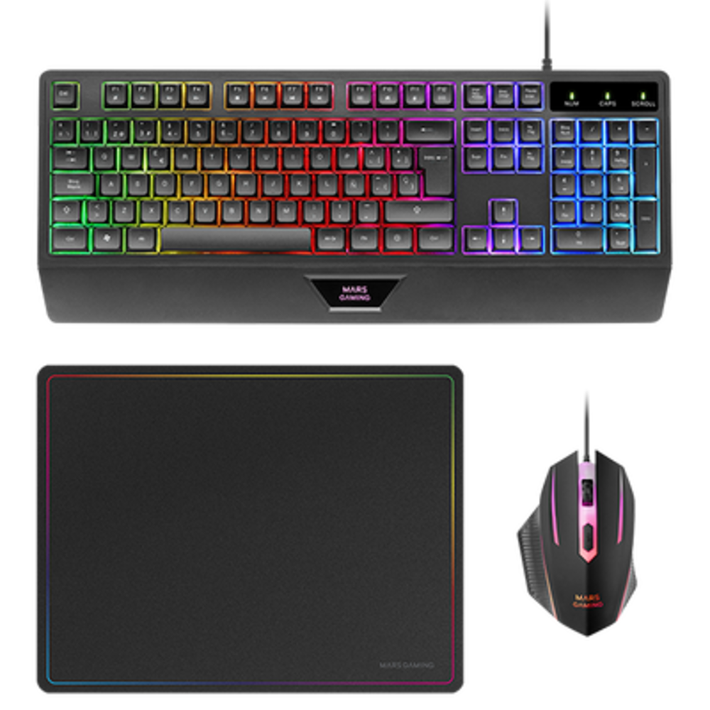 Un conjunto de teclado, ratón y alfombrilla de ratón para juegos. El teclado y el ratón tienen iluminación LED de arcoíris. La alfombrilla tiene borde arcoíris.