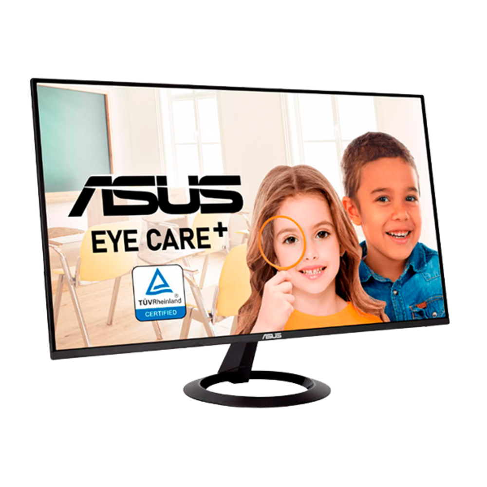 Un monitor ASUS muestra a dos niños sonriendo. Uno sostiene una lupa sobre su ojo. La pantalla tiene el logo de ASUS.