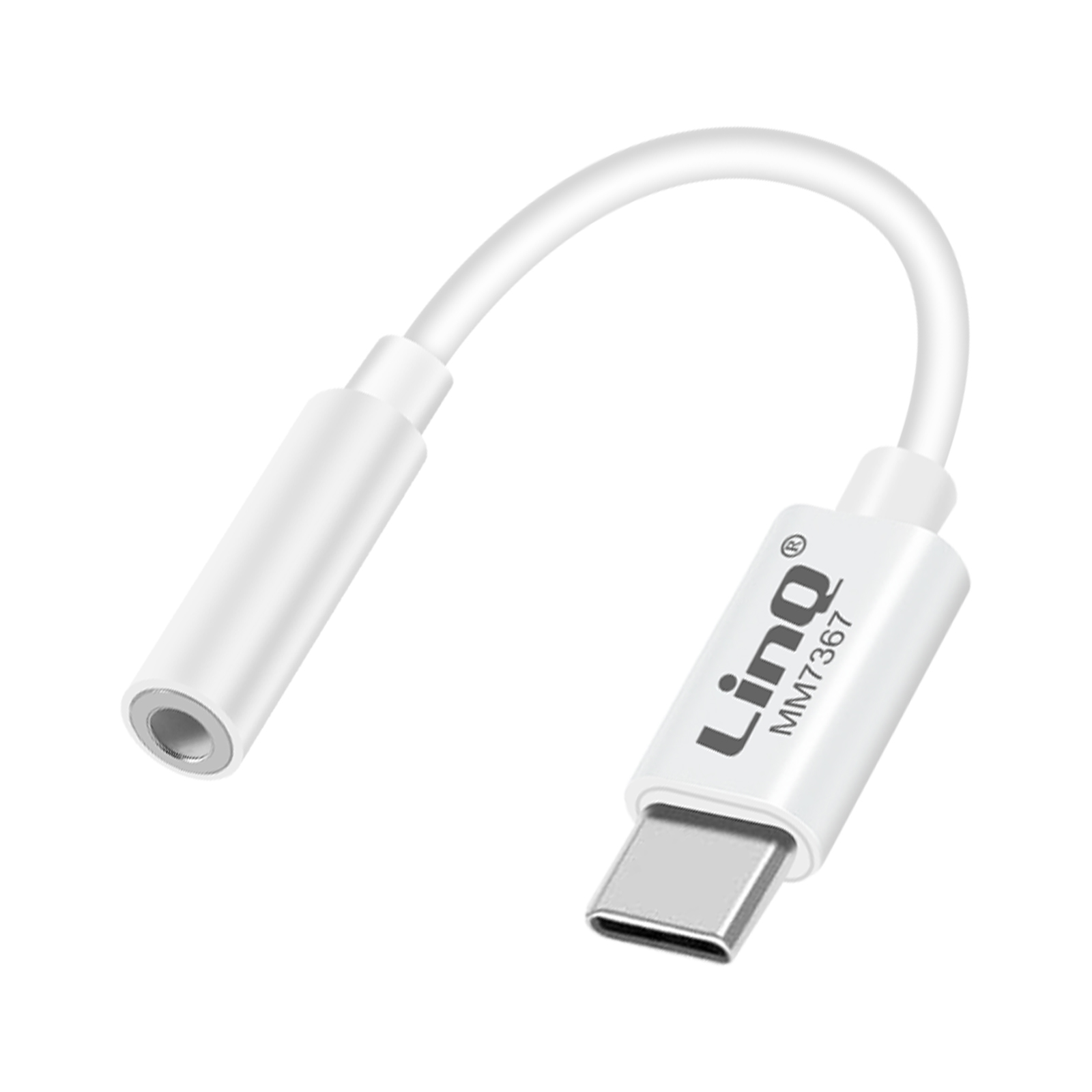 Un adattatore audio bianco. Ha un connettore USB-C e un jack per cuffie. Il marchio è Linq.