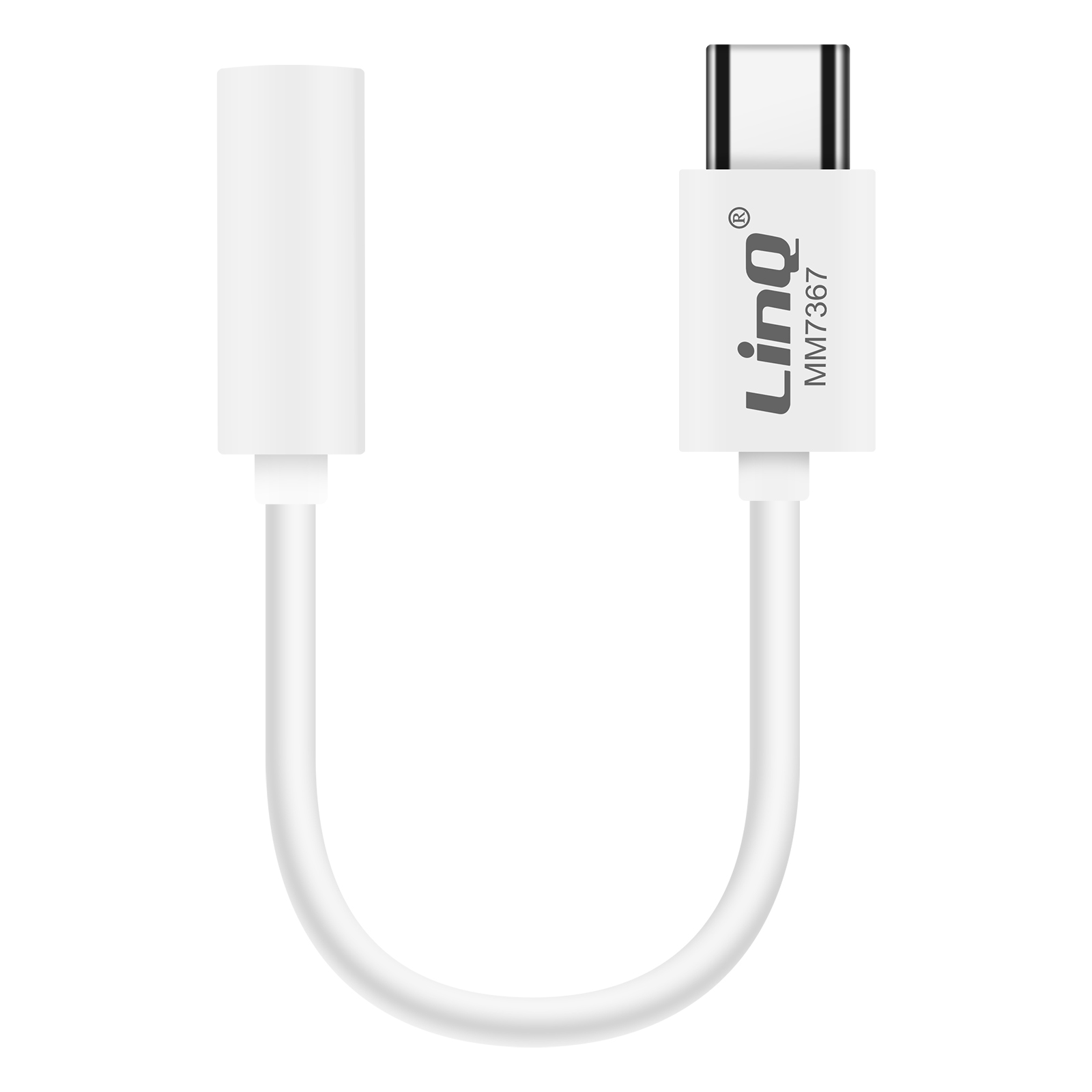 Un adattatore bianco Linq MM7367. Ha un connettore USB-C da un lato e un jack audio da 3,5 mm dall'altro, collegati da un cavo.