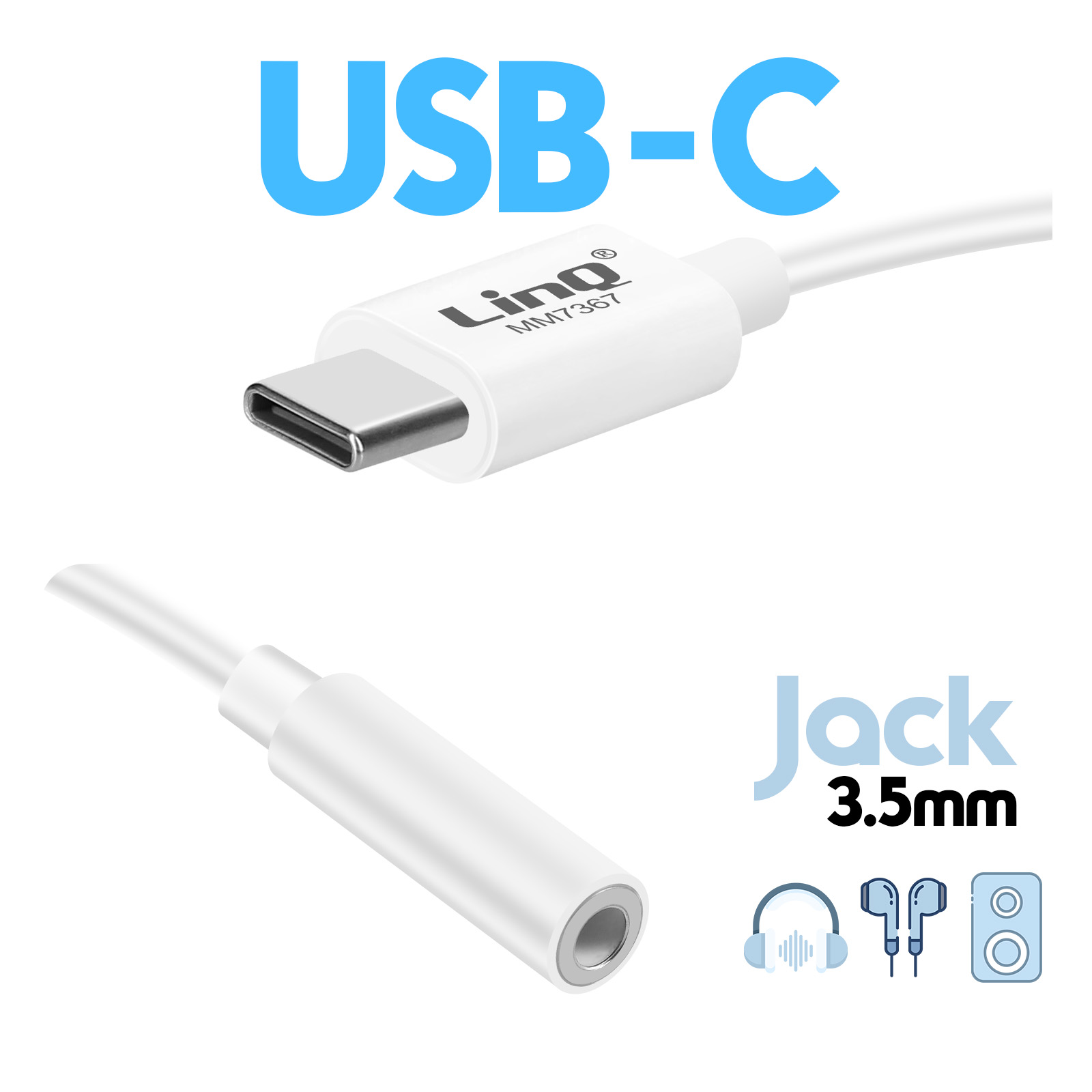 L'immagine mostra un adattatore bianco da USB-C a jack da 3,5 mm. Il testo dice USB-C e Jack 3,5 mm. Sono presenti icone di cuffie e altoparlanti.