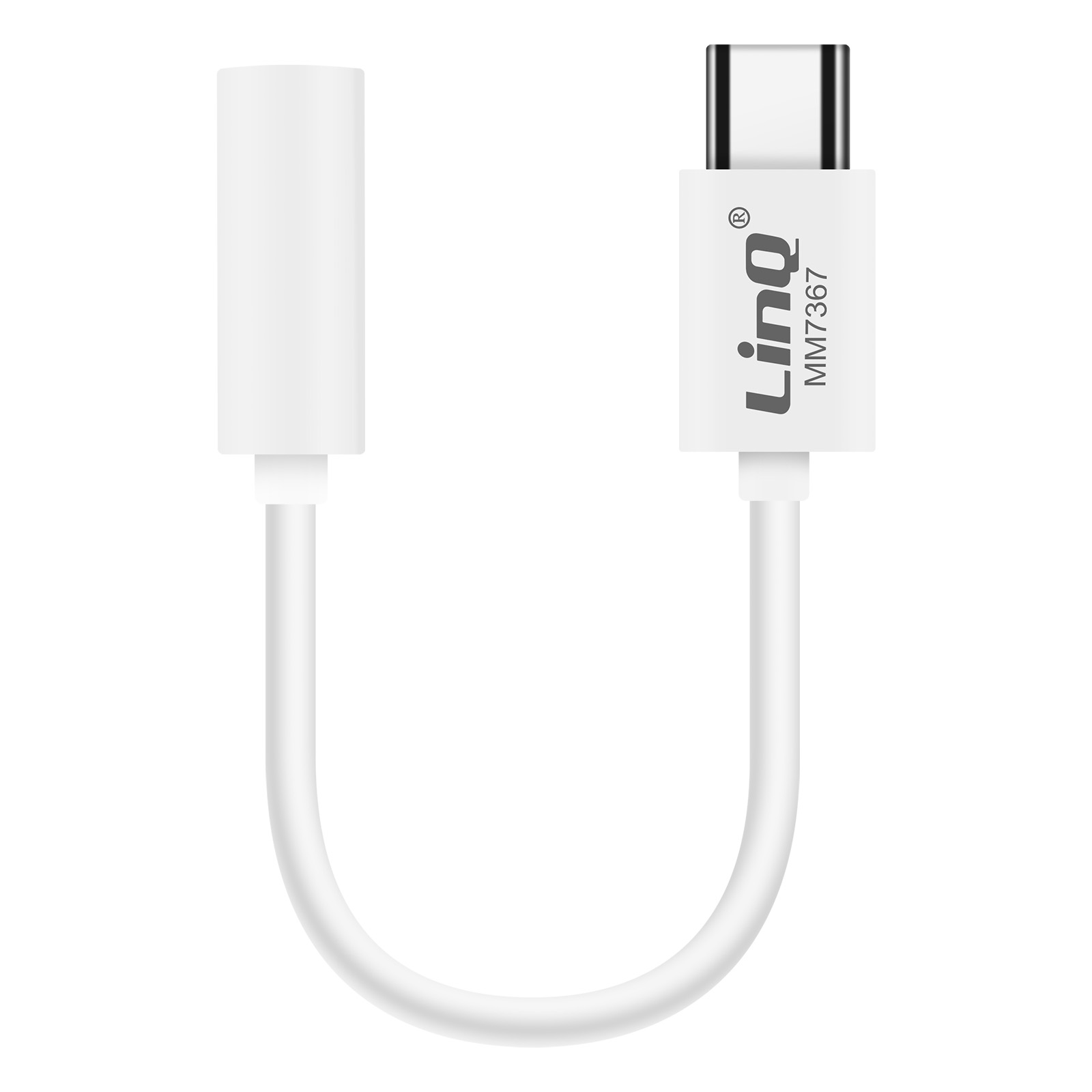 Un adattatore audio Linq da USB-C a 3,5 mm bianco. L'adattatore ha due estremità, collegate da un cavo curvo.