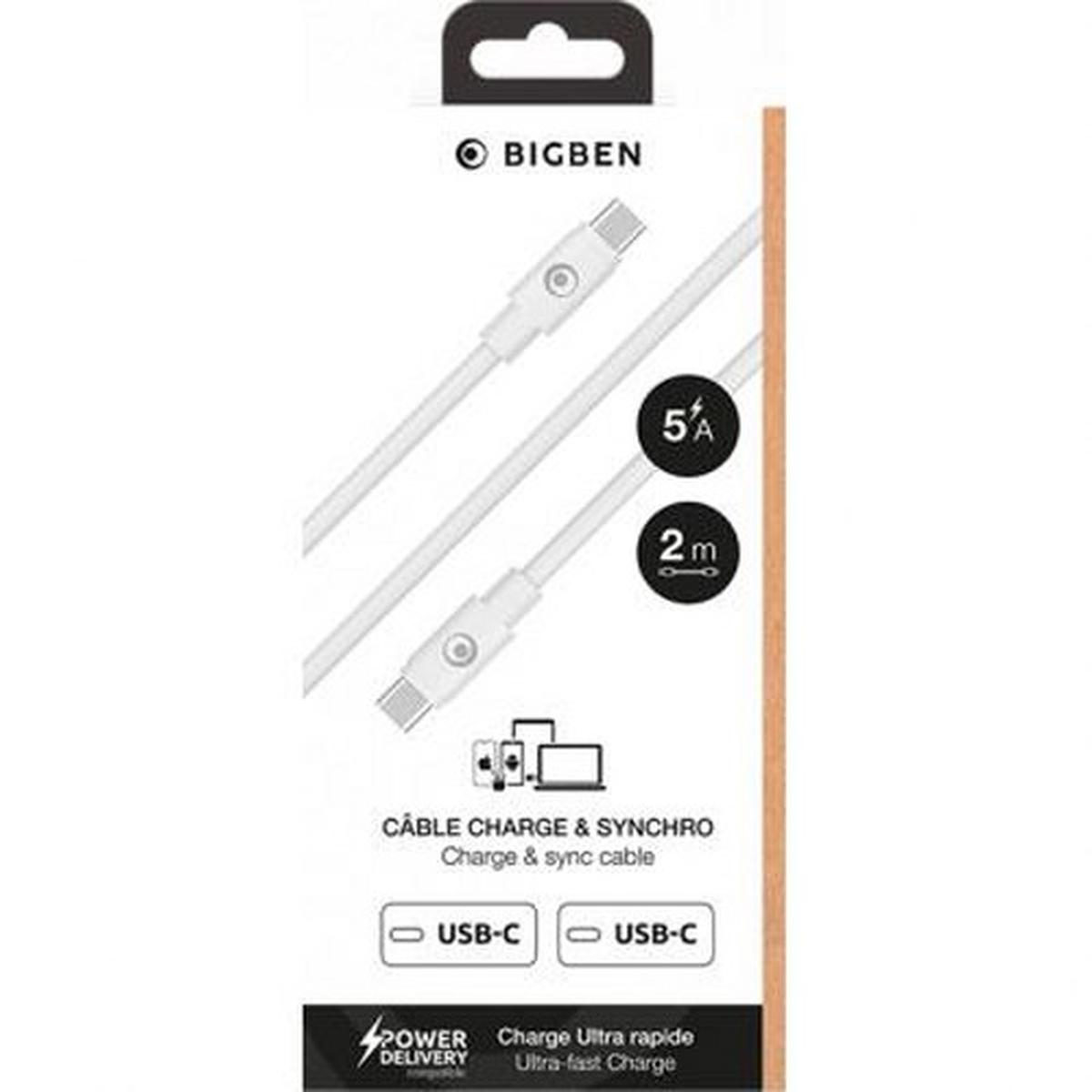 Confezione cavo di ricarica USB-C bianco. Il marchio è Bigben. Caratteristiche: 5A, 2m e 'Charge & Sync'. Compatibile Power Delivery.