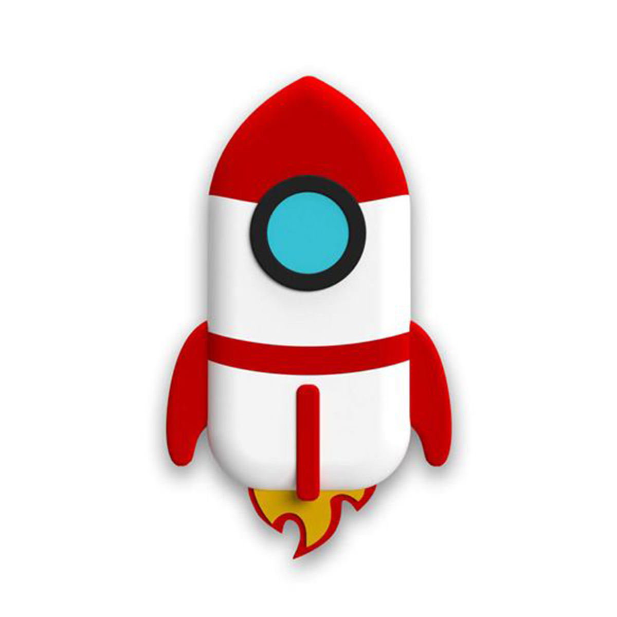 Eine Cartoon-Rakete mit roter Spitze und Flossen, weißem Körper, einem blauen Kreis und gelben Flammen. Es ist vor einem weißen Hintergrund.