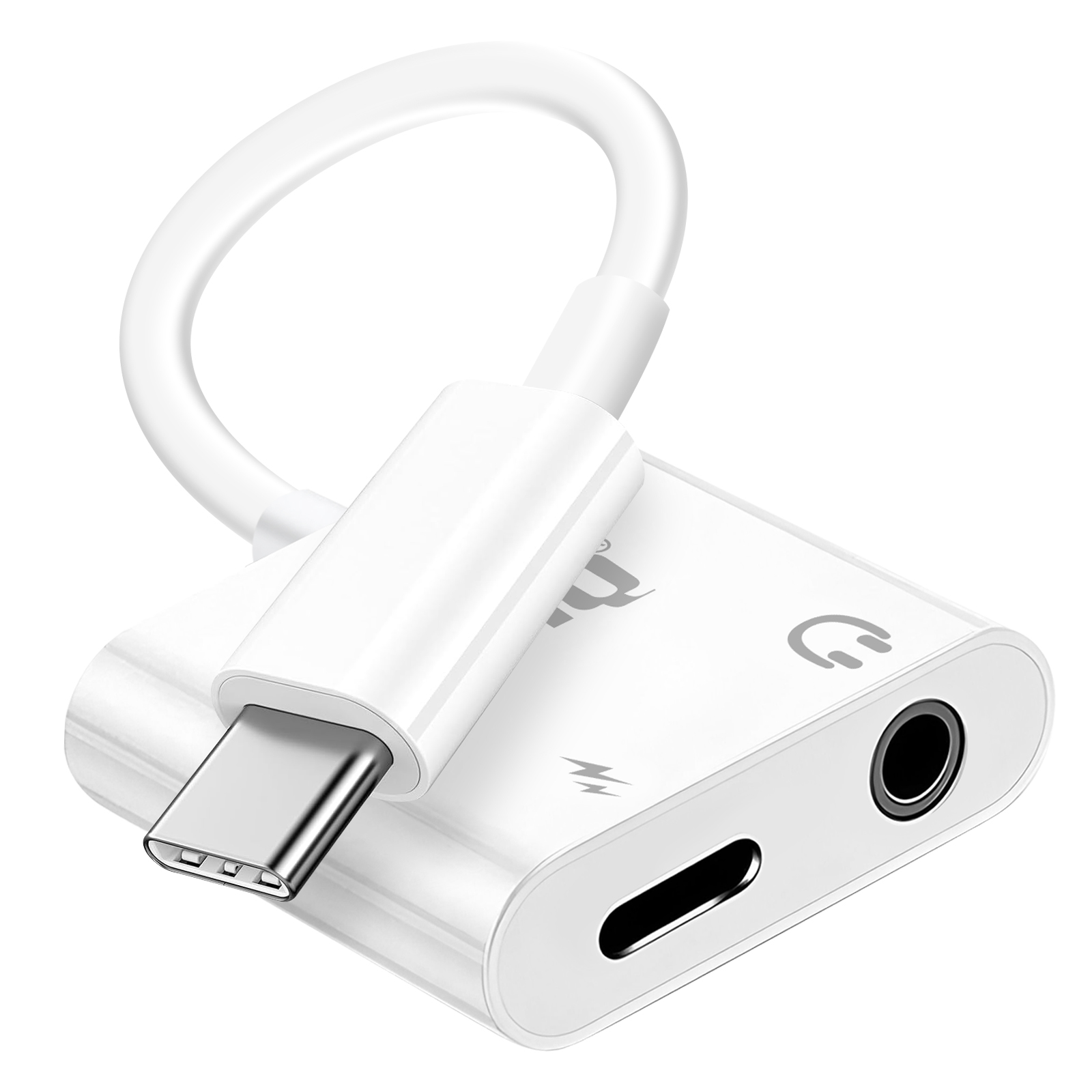 Adattatore USB-C bianco con cavo bianco, jack audio da 3,5 mm e porta Lightning.