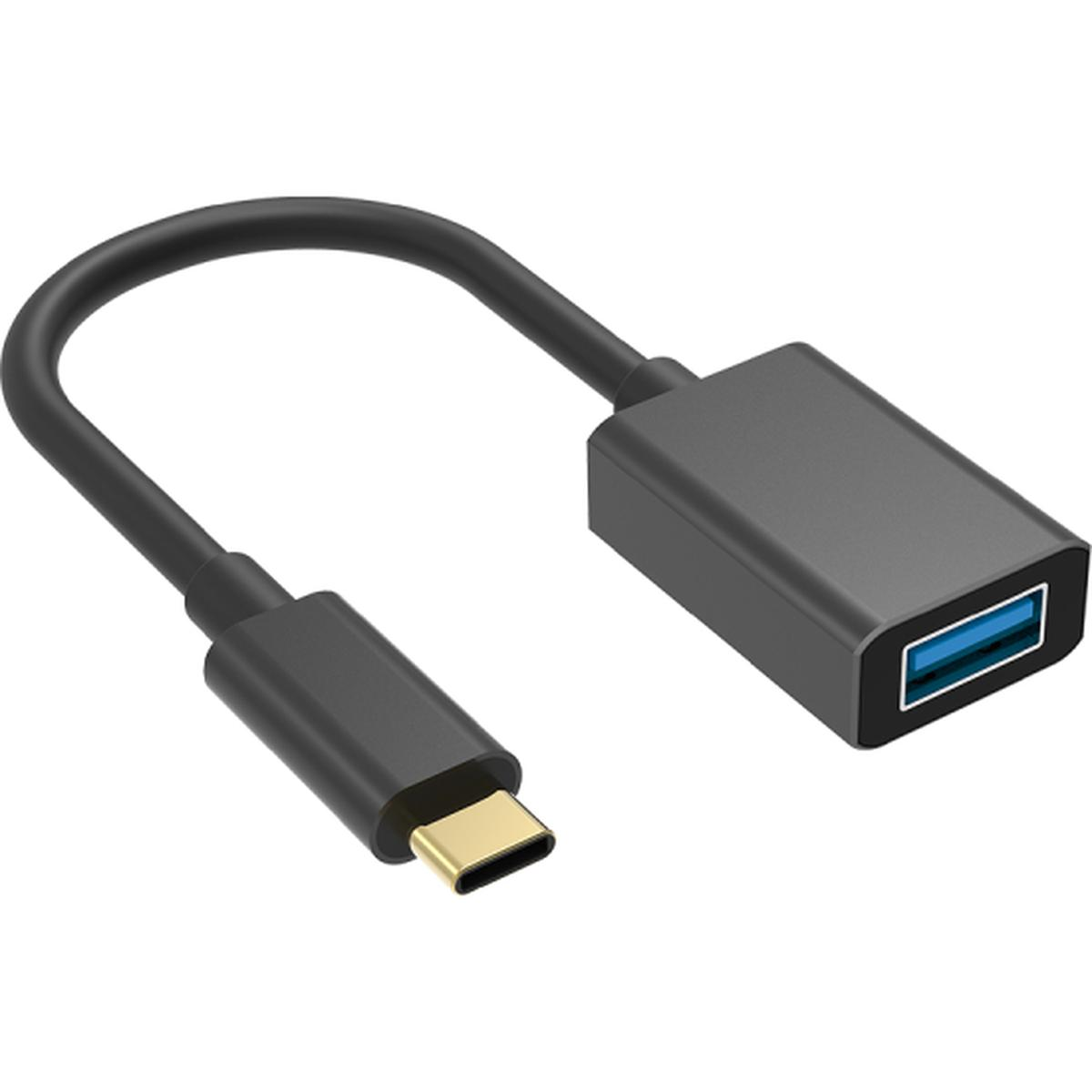 Un cavo adattatore da USB-C a USB-A nero. Un'estremità ha un connettore USB-C dorato. L'altra ha una porta USB-A.