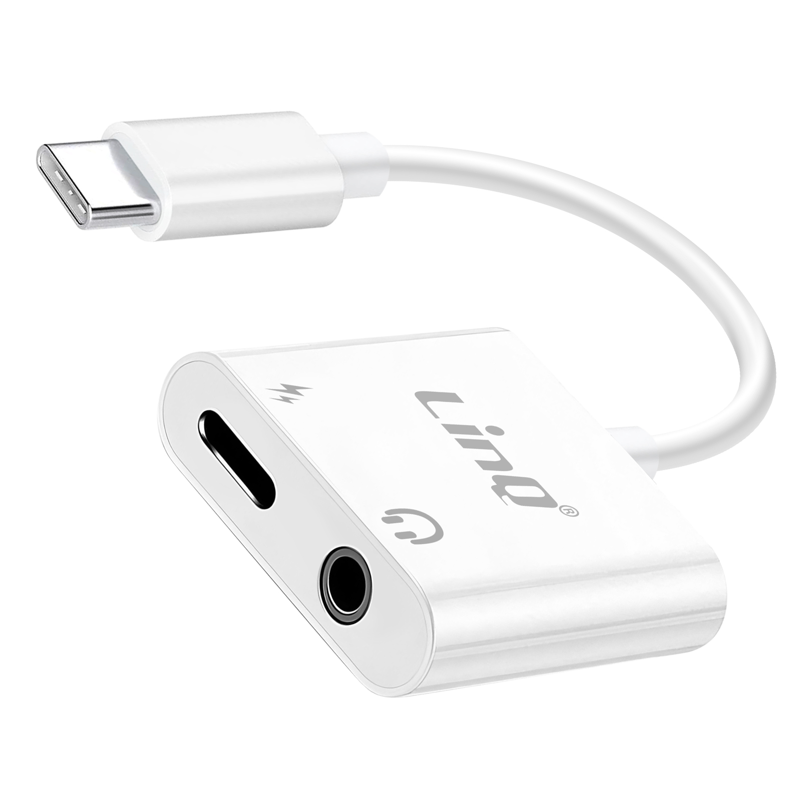 Un adattatore da USB-C a jack audio bianco. Ha un connettore USB-C, un cavo bianco e una porta jack audio.