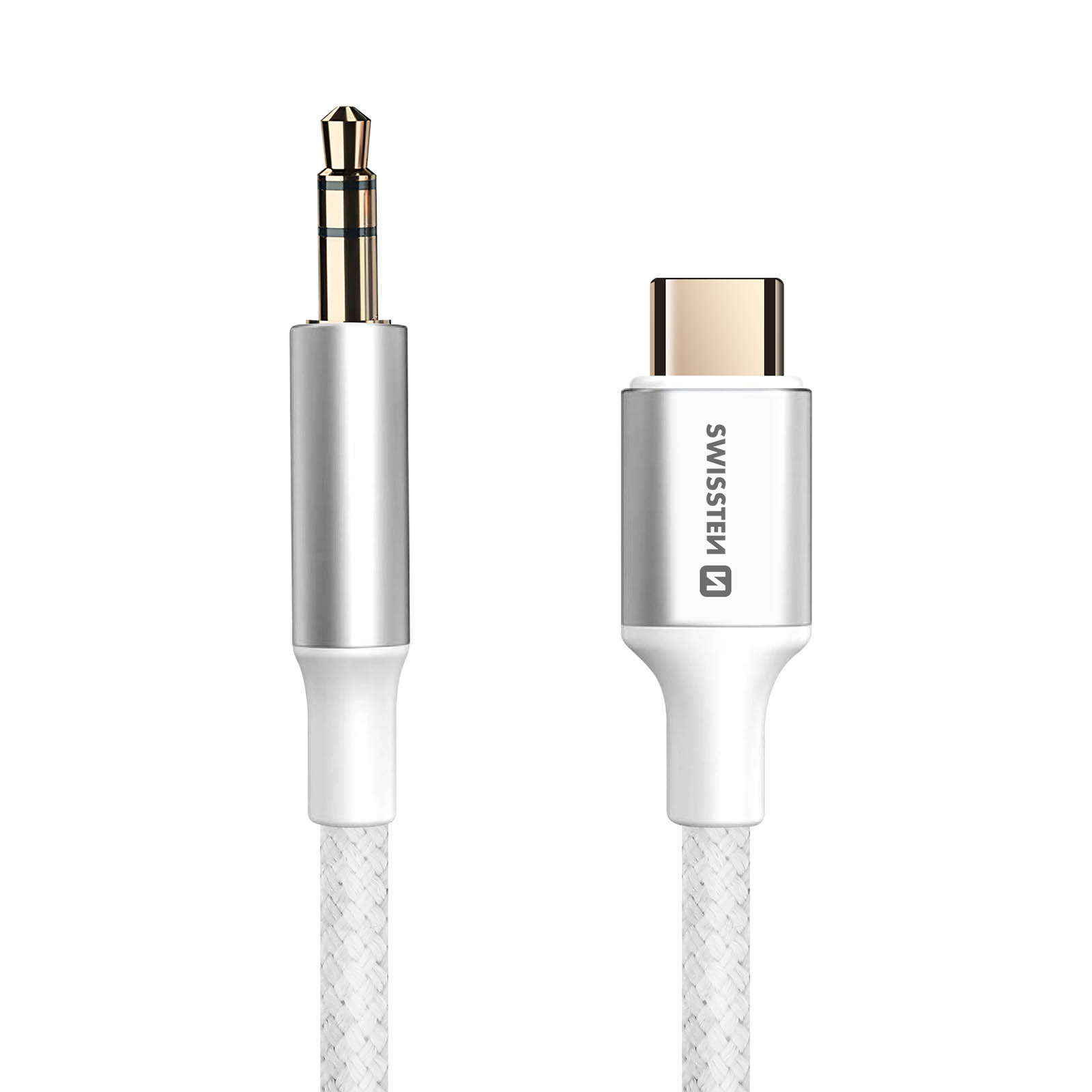 Cavo audio bianco e argento con jack da 3,5 mm e connettore USB-C su sfondo bianco.