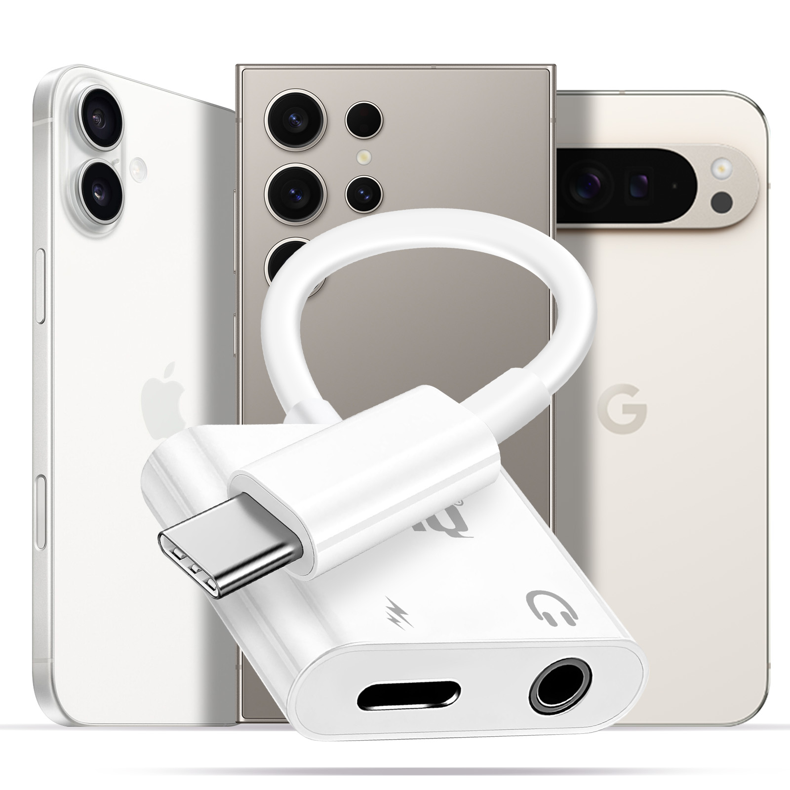 Tre smartphone dietro un adattatore audio bianco. Adattatore con USB-C, jack da 3,5 mm e simboli di fulmine e suono.