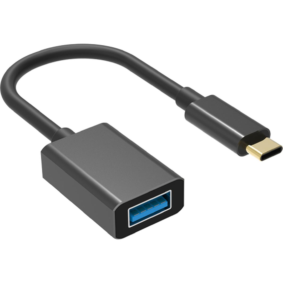 Un adattatore USB nero con un cavo curvo. Un'estremità ha una porta USB, l'altra una USB-C. I connettori sono dorati.
