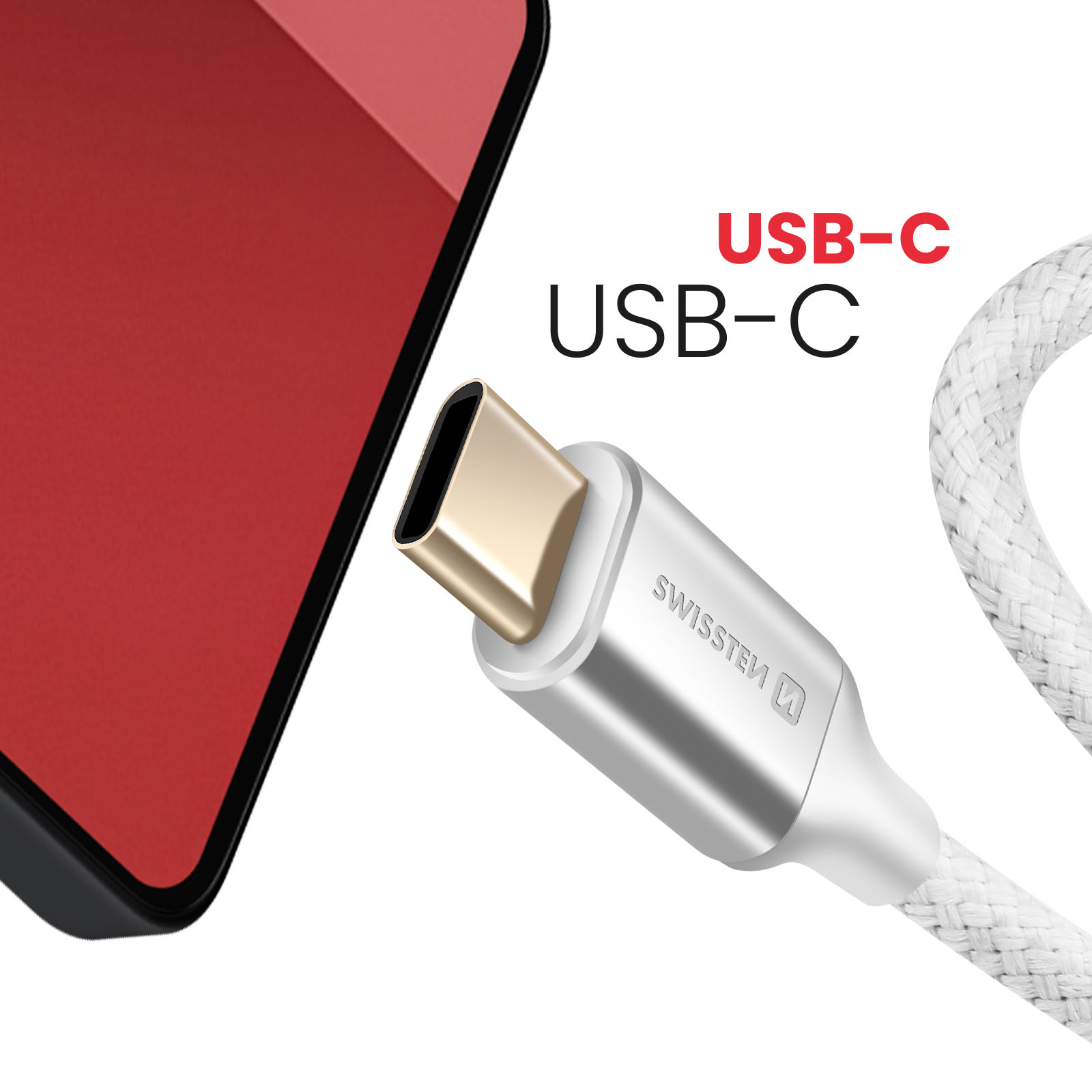 Un cavo USB-C con cavo intrecciato bianco, connettore argentato e dispositivo con schermo rosso.