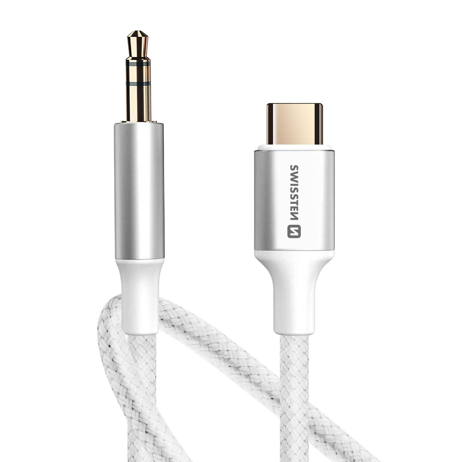 Cavo bianco e argento con jack da 3,5 mm e connettore USB-C. Il cavo è intrecciato. Il marchio 'SWISSTEN' è sul lato USB-C.