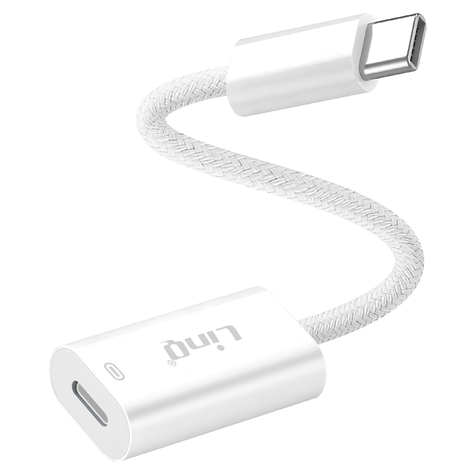 Un câble adaptateur USB-C blanc. Il possède un câble blanc tressé reliant deux connecteurs rectangulaires blancs.