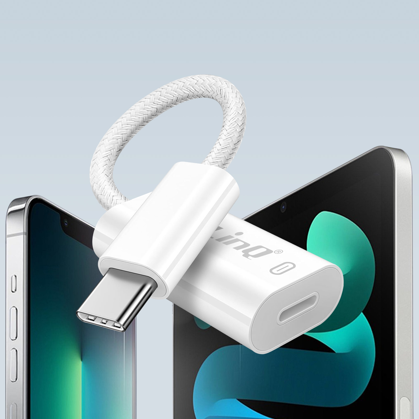 Adaptateur USB-C blanc avec boucle tressée, à côté de deux smartphones. L'adaptateur porte la marque 'ling'.