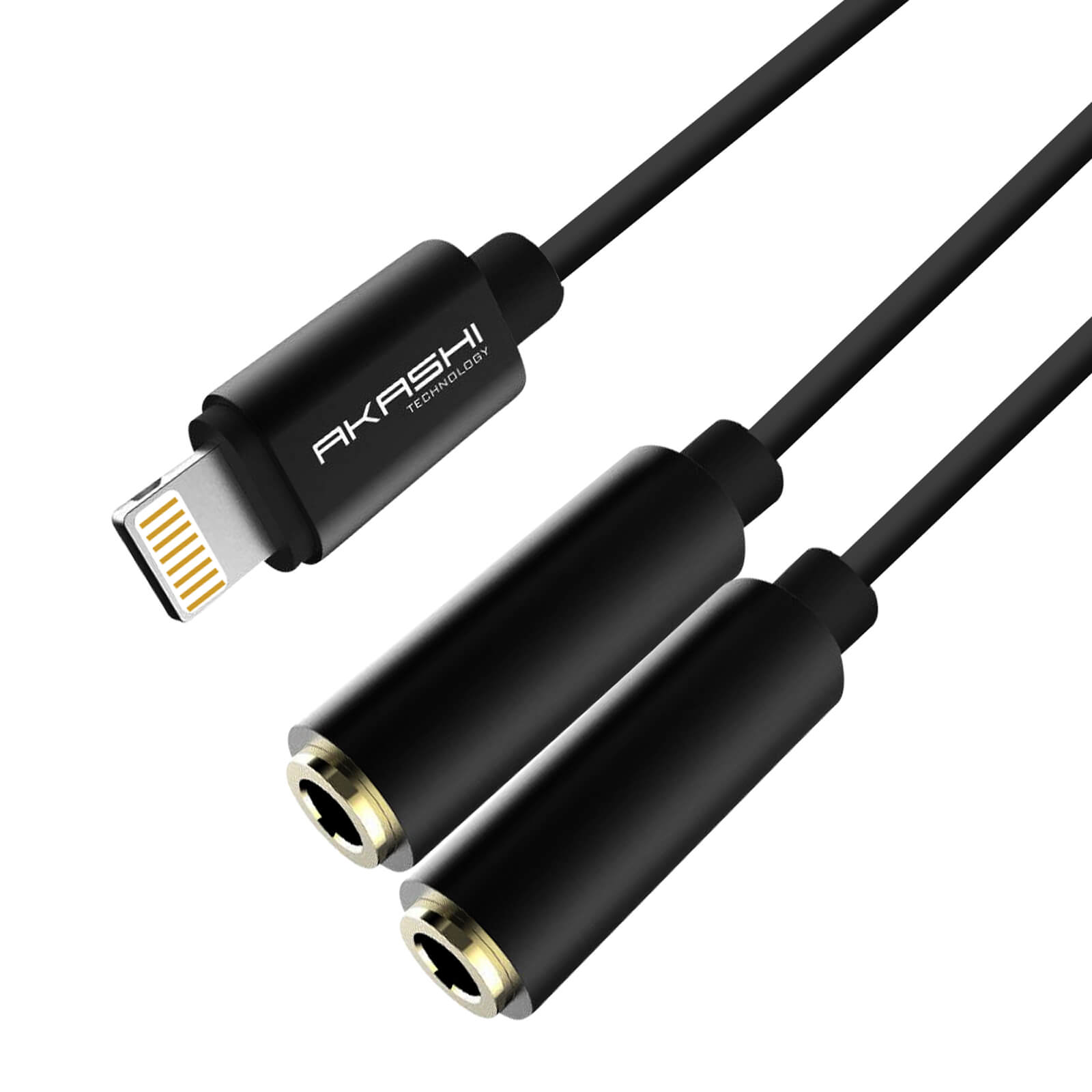 Adaptateur audio Akashi Lightning vers double 3,5 mm. Connecteur Lightning et deux prises femelles.