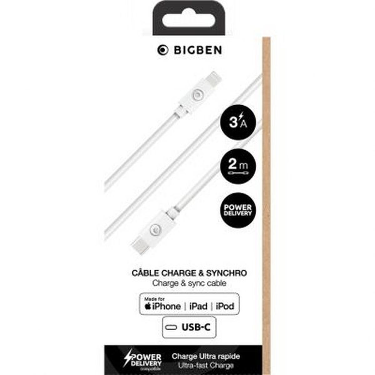 L'emballage montre un câble de charge blanc 'BIGBEN'. Il prend en charge iPhone, iPad et iPod avec USB-C. Détails : 3A, 2m et Power Delivery.