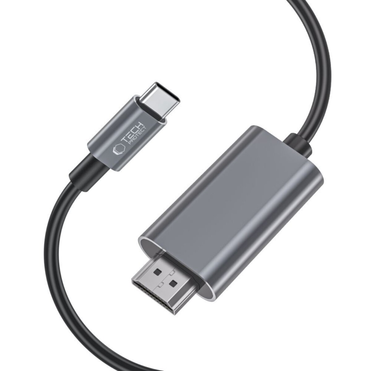 Câble adaptateur USB-C vers HDMI gris. L'extrémité USB-C porte un logo Tech Protect. L'extrémité HDMI est rectangulaire.