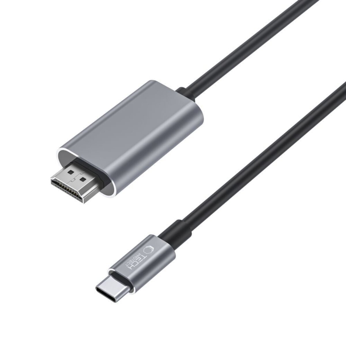 Un câble HDMI vers USB-C. Le câble est noir. Les connecteurs sont argentés. Le fond est blanc.