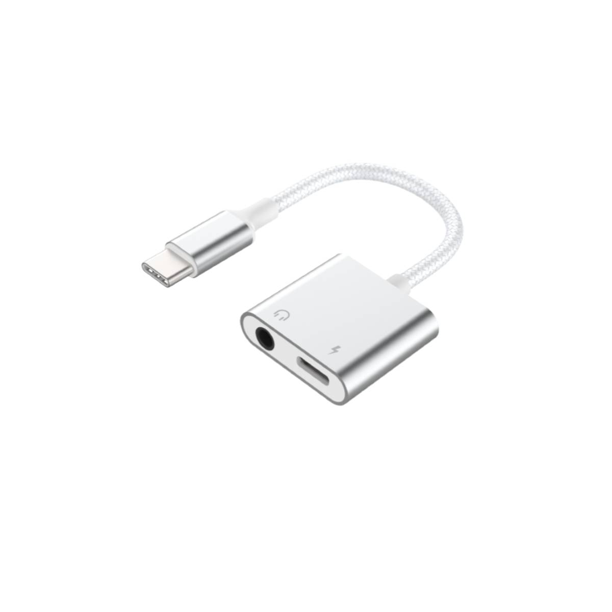 Un adattatore da USB-C a jack per cuffie argentato. Ha un connettore USB-C, un piccolo blocco argentato con porte per cuffie e ricarica.