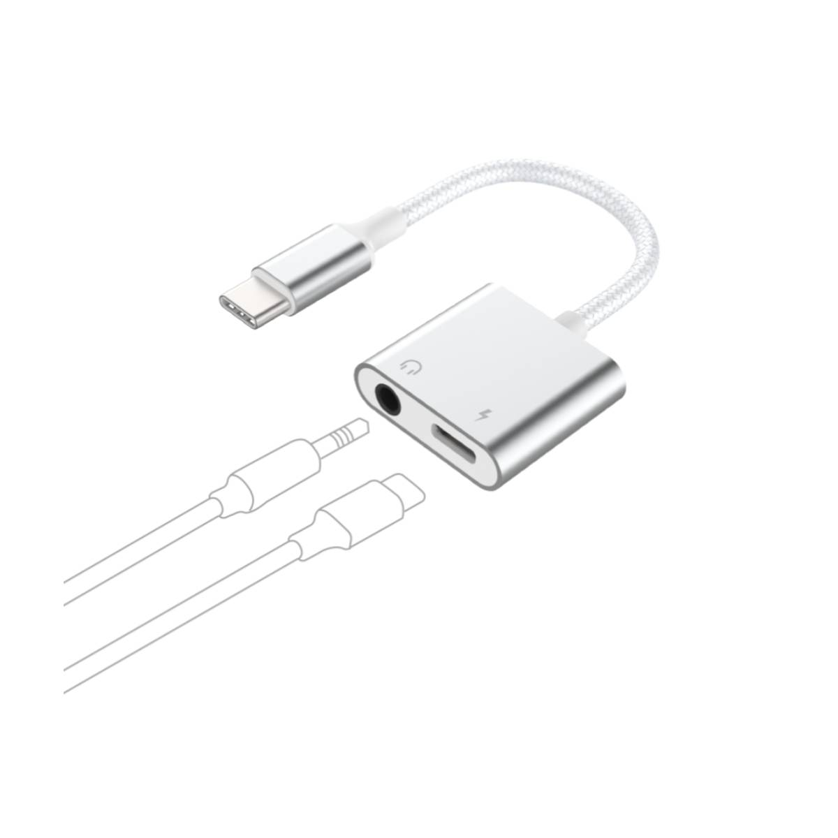 Un adattatore argentato con connettore USB-C, jack per cuffie e porta di ricarica, collegato a un cavo intrecciato bianco.