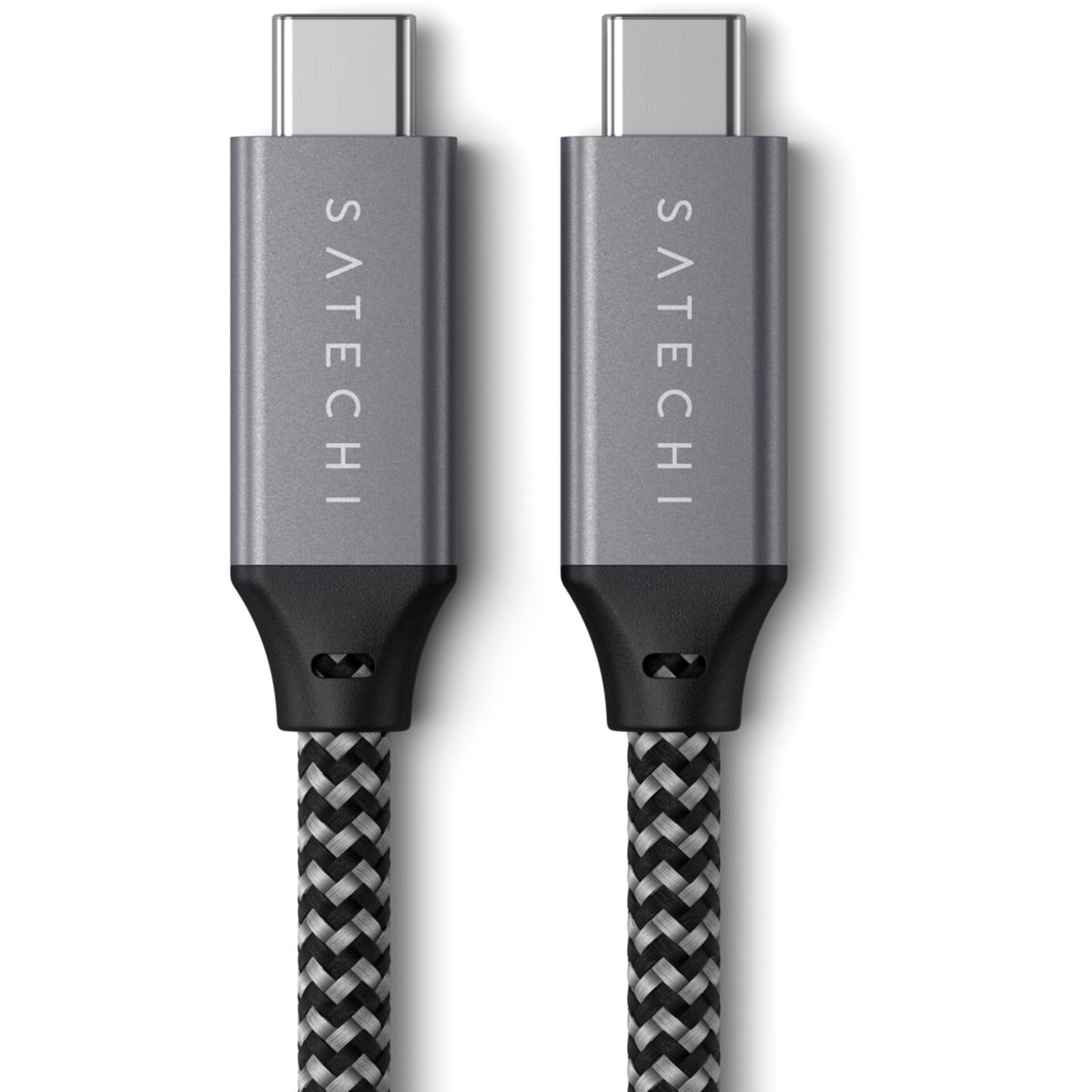 Dwa szare kable USB-C, każdy z napisem 'SATECHI', ze czarno-szarymi plecionymi przewodami, na białym tle.
