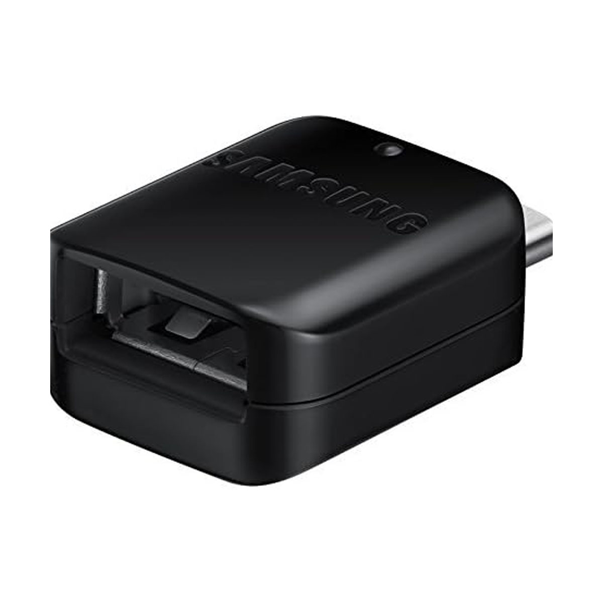 Un adattatore USB Samsung nero con una porta USB e un connettore più piccolo. Il logo Samsung è in alto.
