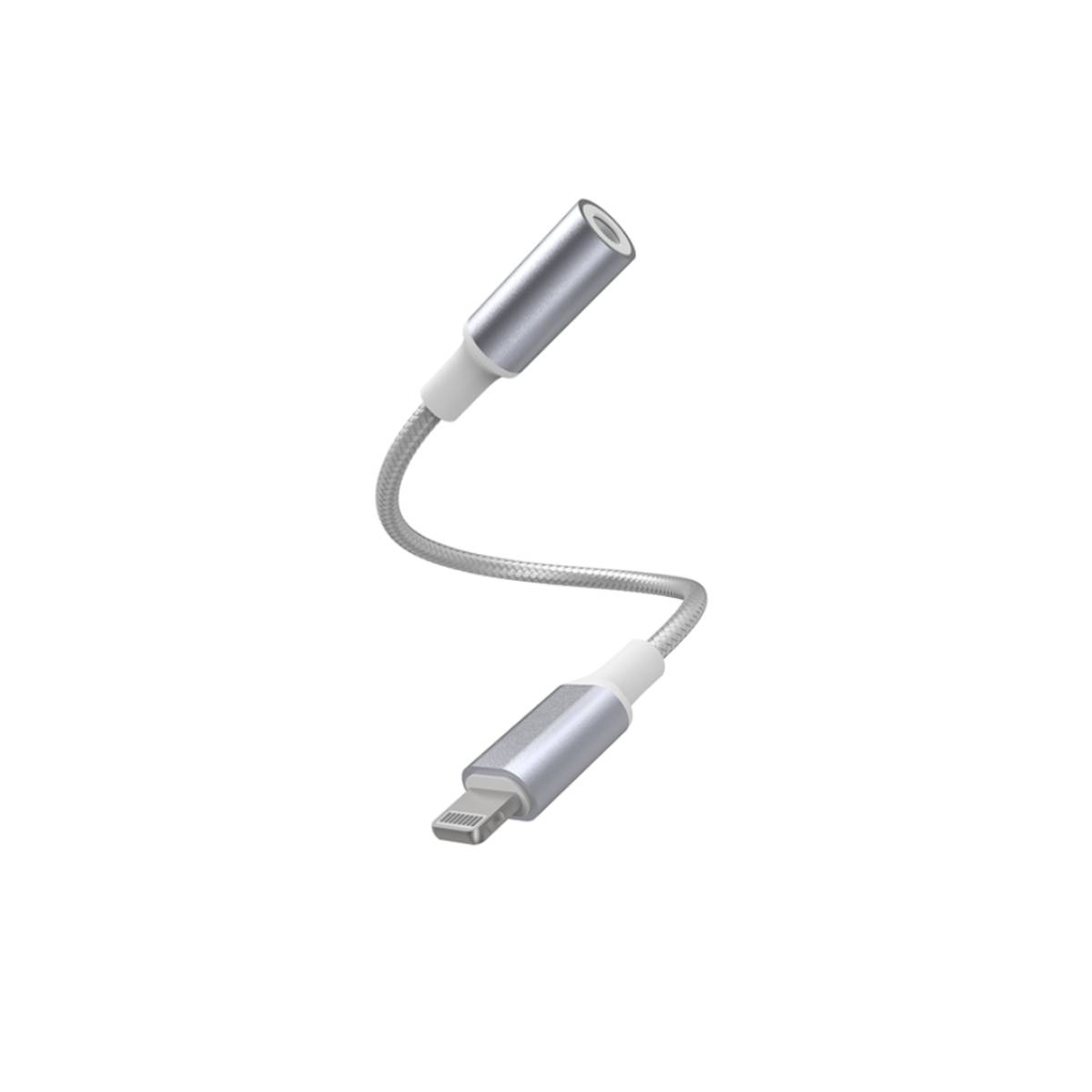 Un adattatore audio argento e bianco. Ha un jack per cuffie da un lato e un connettore Lightning dall'altro.