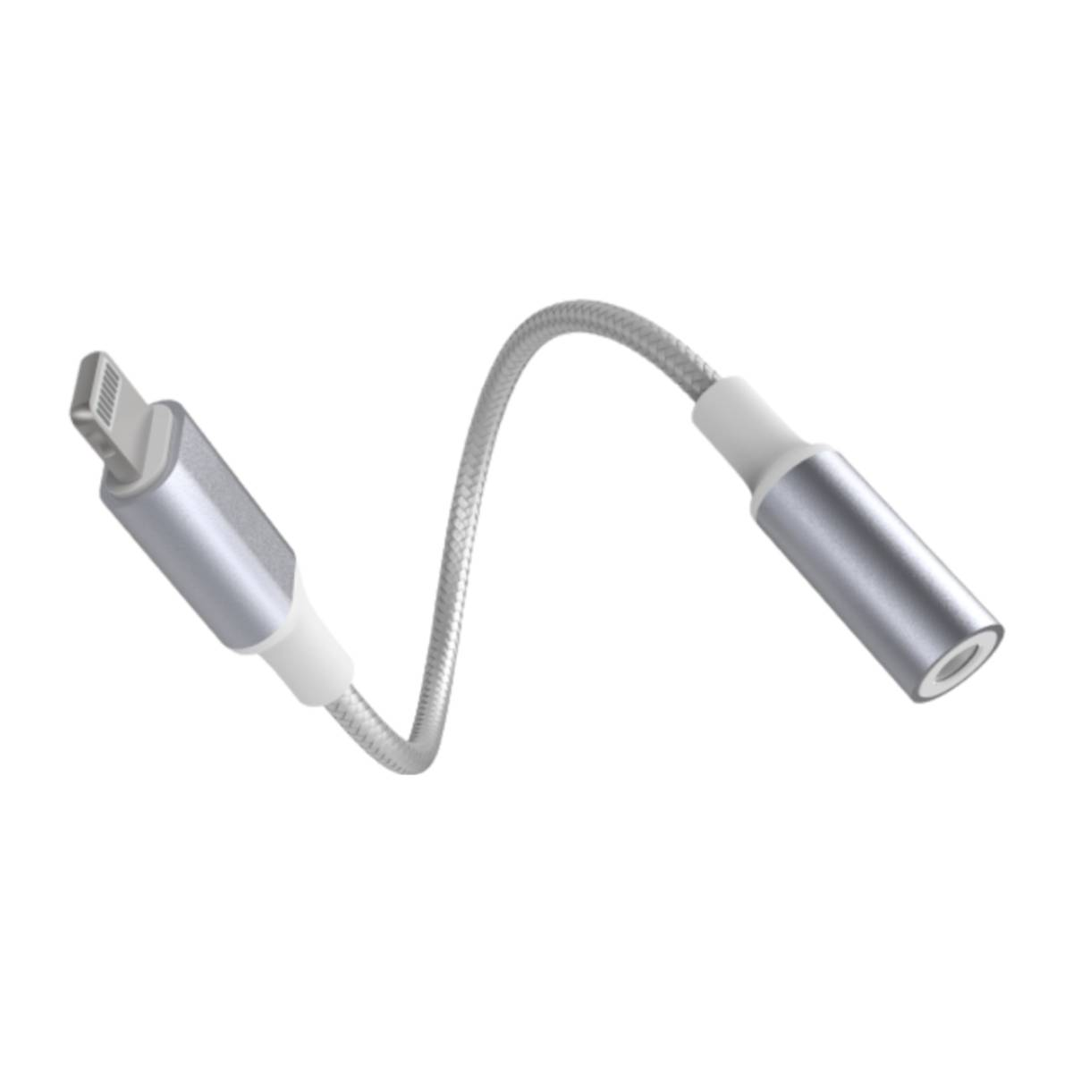 Un cavo adattatore audio da Lightning a 3,5 mm argento e bianco. Ha un connettore Lightning, un cavo e un jack da 3,5 mm.