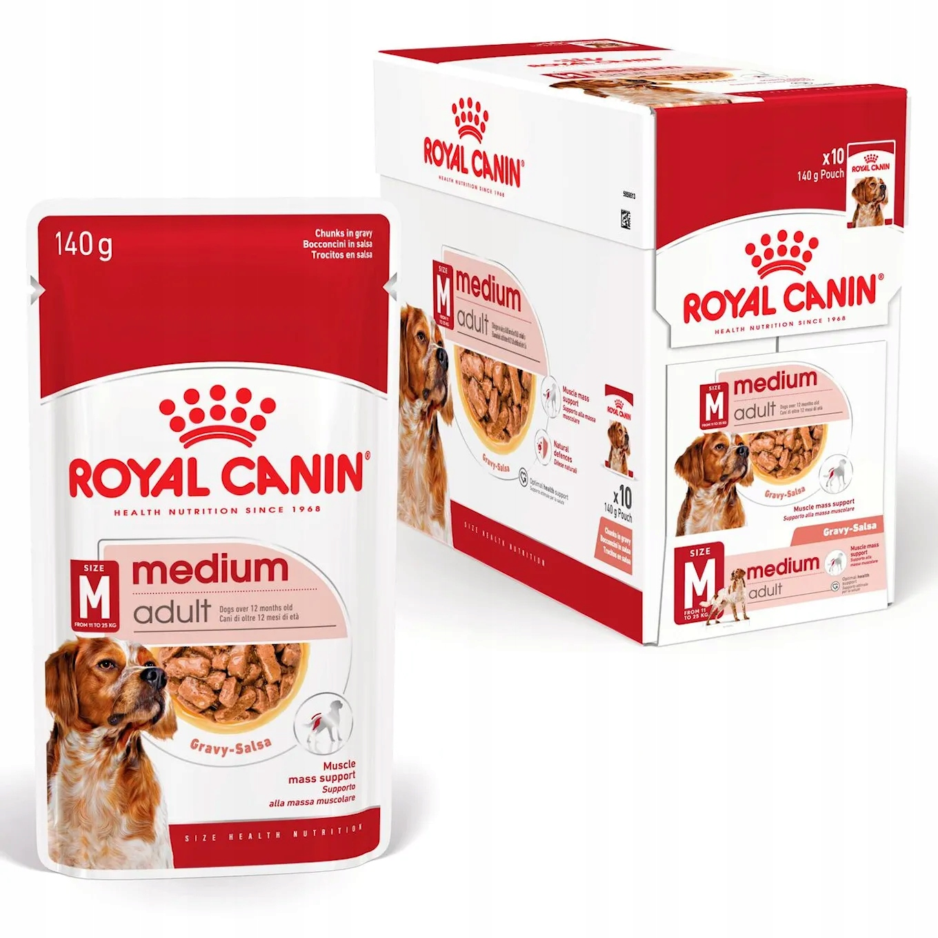 Opakowanie karmy dla psów. Białe i czerwone saszetki i pudełko ze zdjęciem psa, marką i szczegółami produktu.