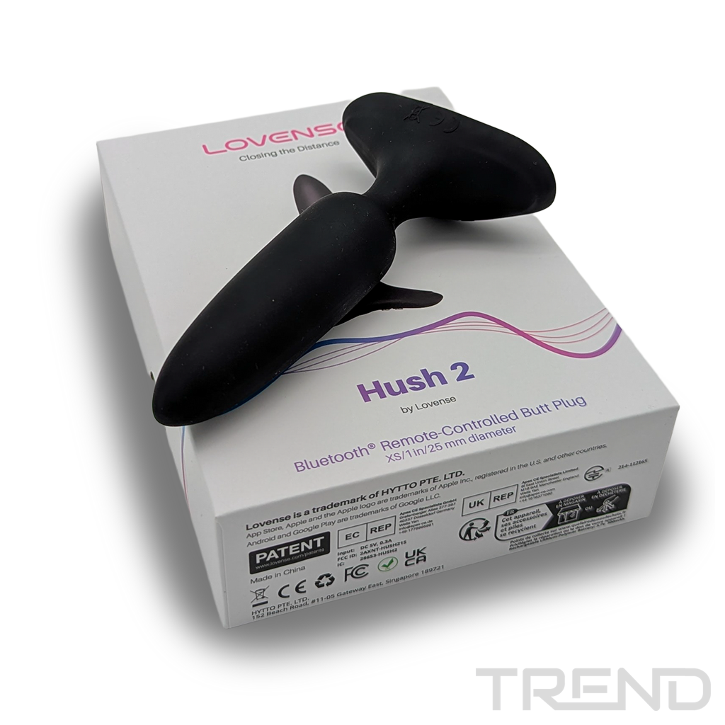 Czarny korek analny na białym pudełku z napisem Hush 2. Tekst zawiera 'Bluetooth Remote-Controlled Butt Plug'.