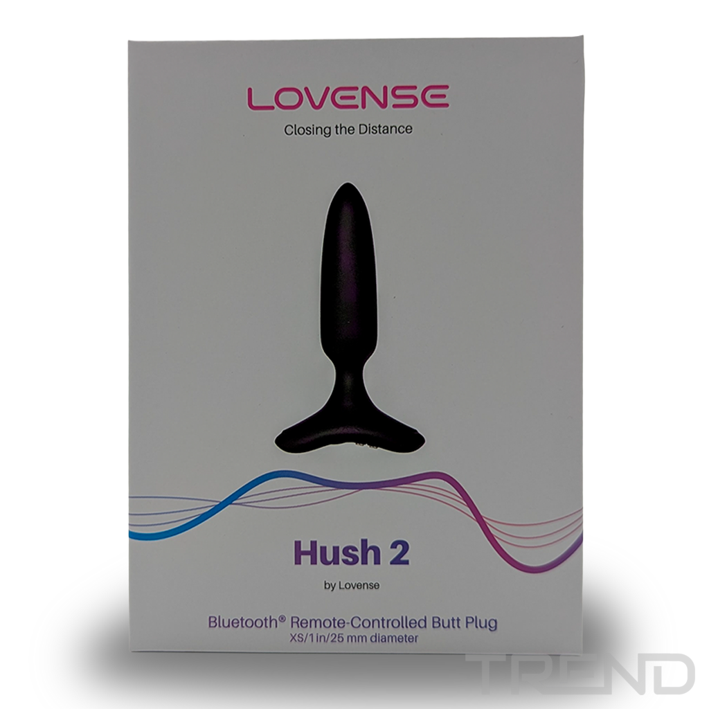 Pudełko z czarną wtyczką analną. Tekst na pudełku zawiera 'LOVENSE', 'Hush 2' i 'Bluetooth Remote-Controlled Butt Plug'.