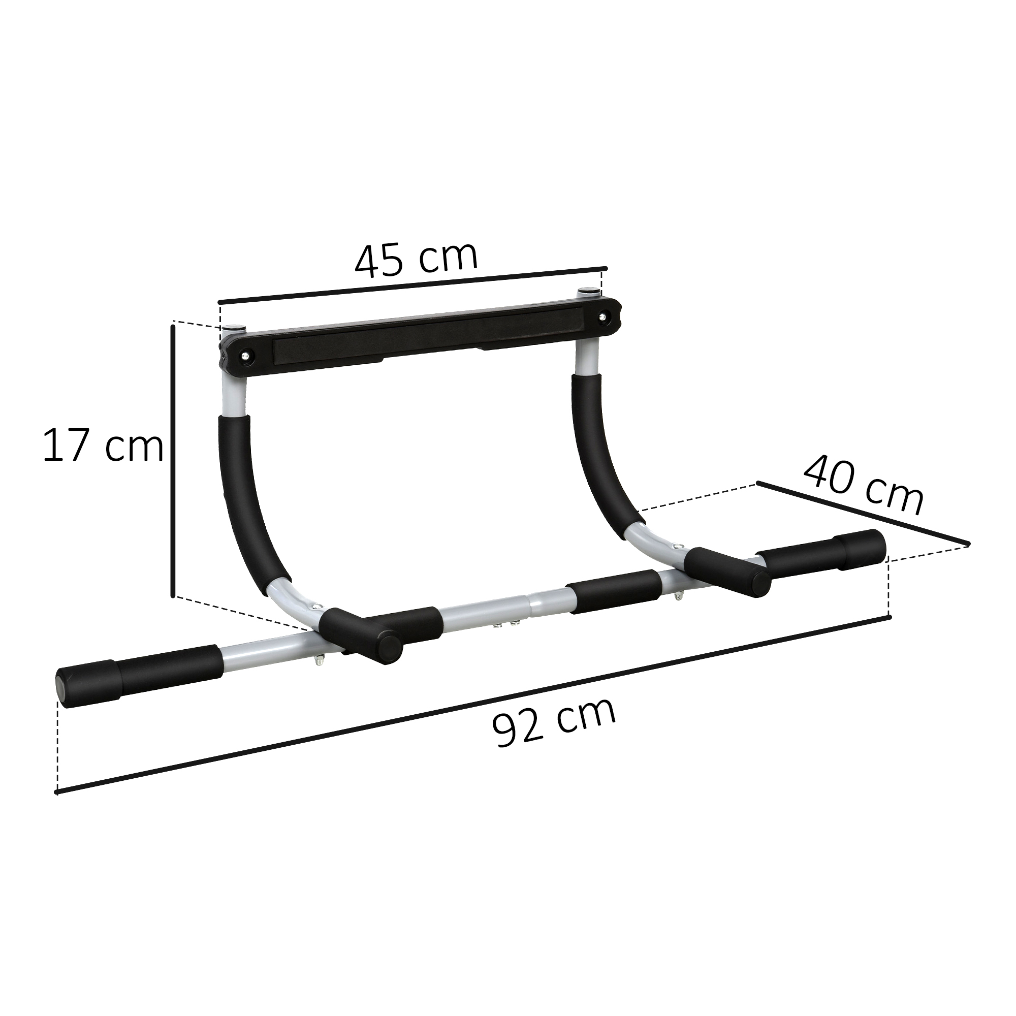 Una barra de dominadas, negra y gris, con medidas. La barra mide 92 cm de ancho, 45 cm la parte superior, 17 cm de alto y los agarres 40 cm.