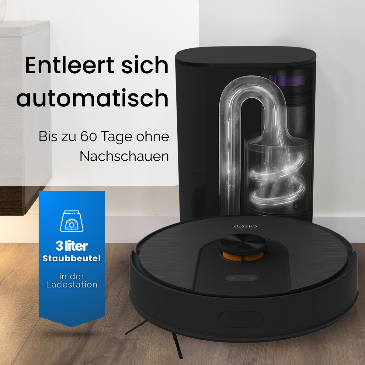 Un aspirapolvere robot nero e una stazione di ricarica nera. Il testo dice: si svuota automaticamente e sacco per la polvere da 3 litri.