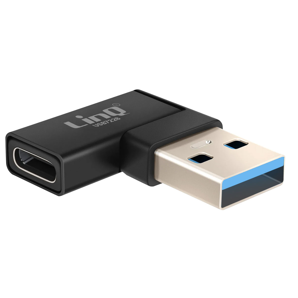Un adattatore USB nero e argento. L'adattatore è marchiato con il nome 'Linq' e 'USB7228'.