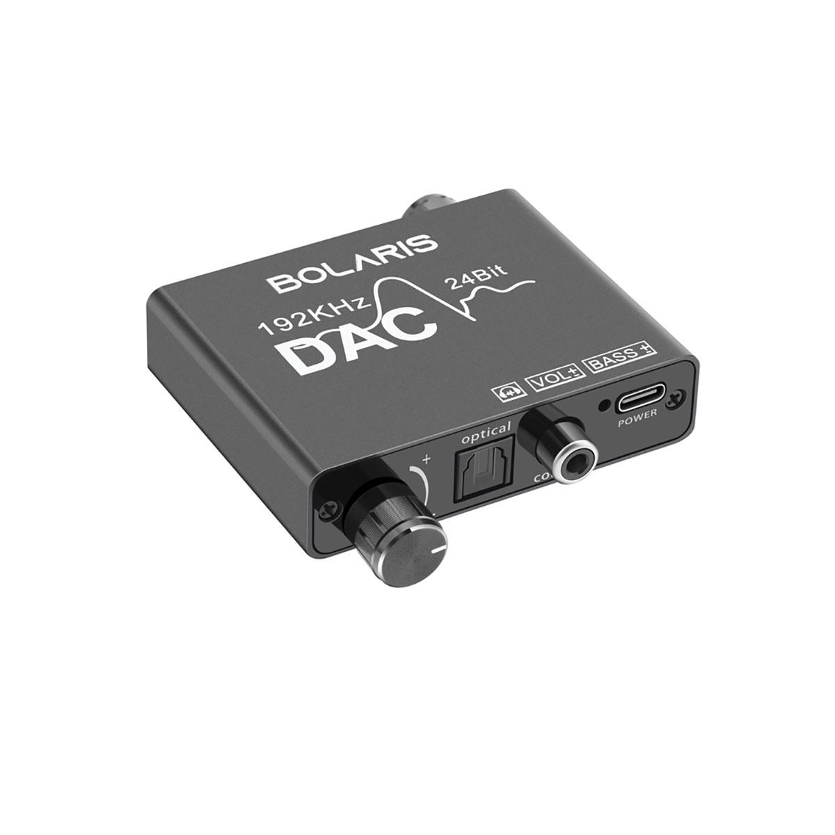 Un dispositivo DAC audio nero con testo bianco, manopole e porte. Il marchio è Polaris. C'è scritto 'DAC', '192kHz' e '24Bit'.