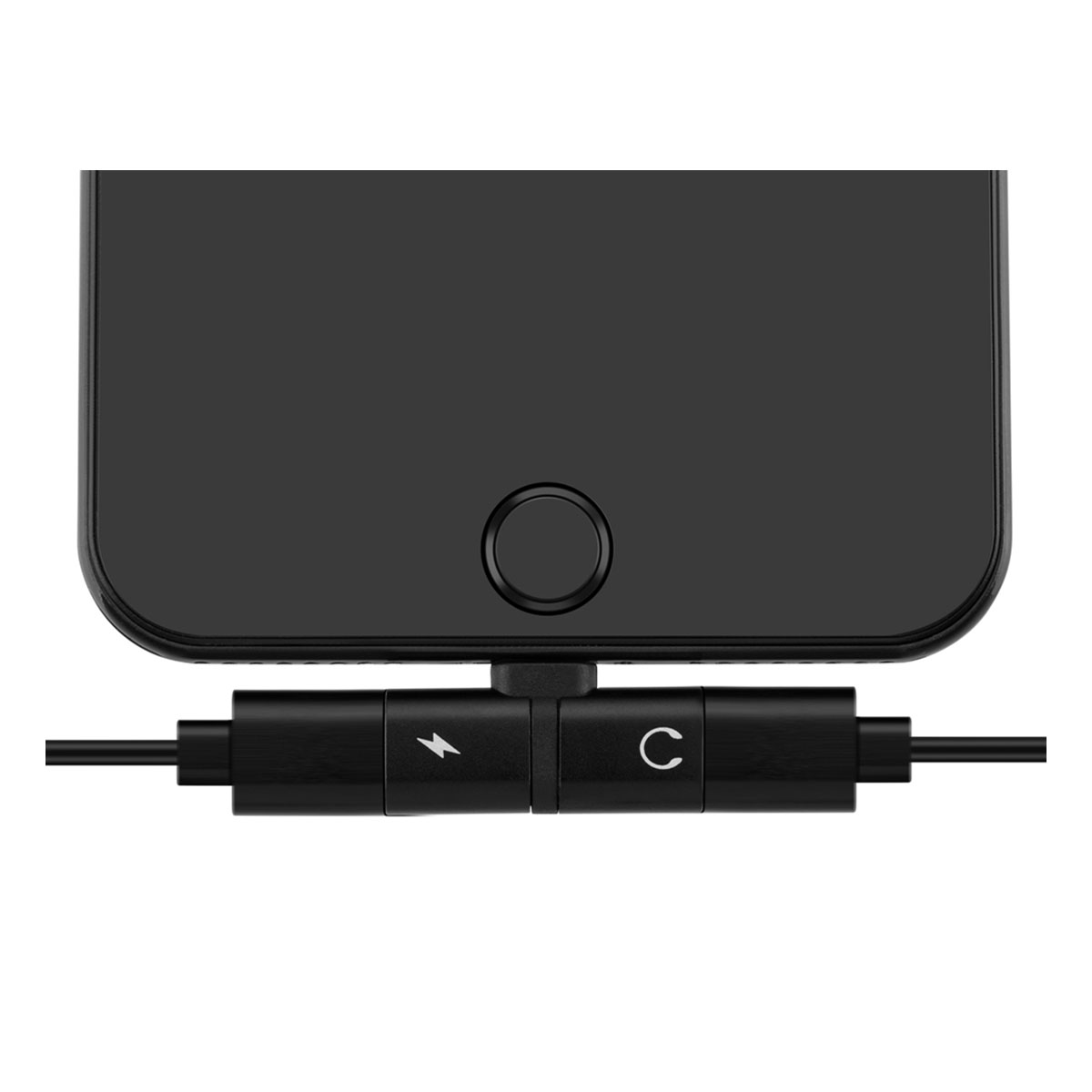 Smartphone noir connecté à un adaptateur avec symboles de foudre et USB-C. Le téléphone a un bouton d'accueil.