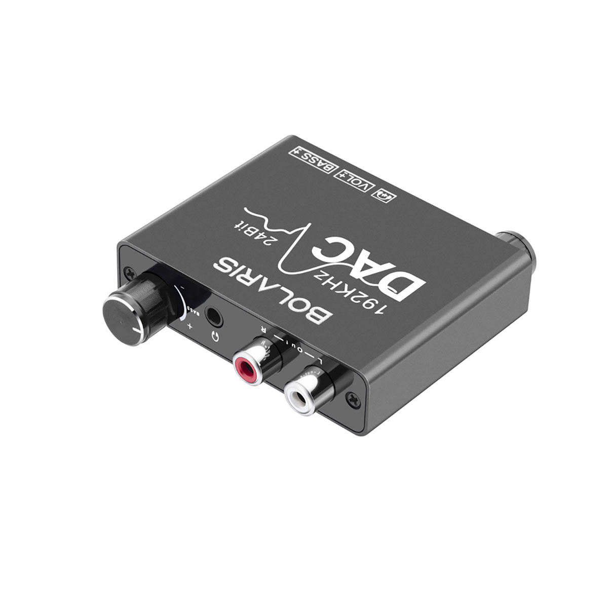Un dispositivo DAC audio nero con porte di ingresso e uscita, una manopola del volume e testo che indica le sue specifiche.