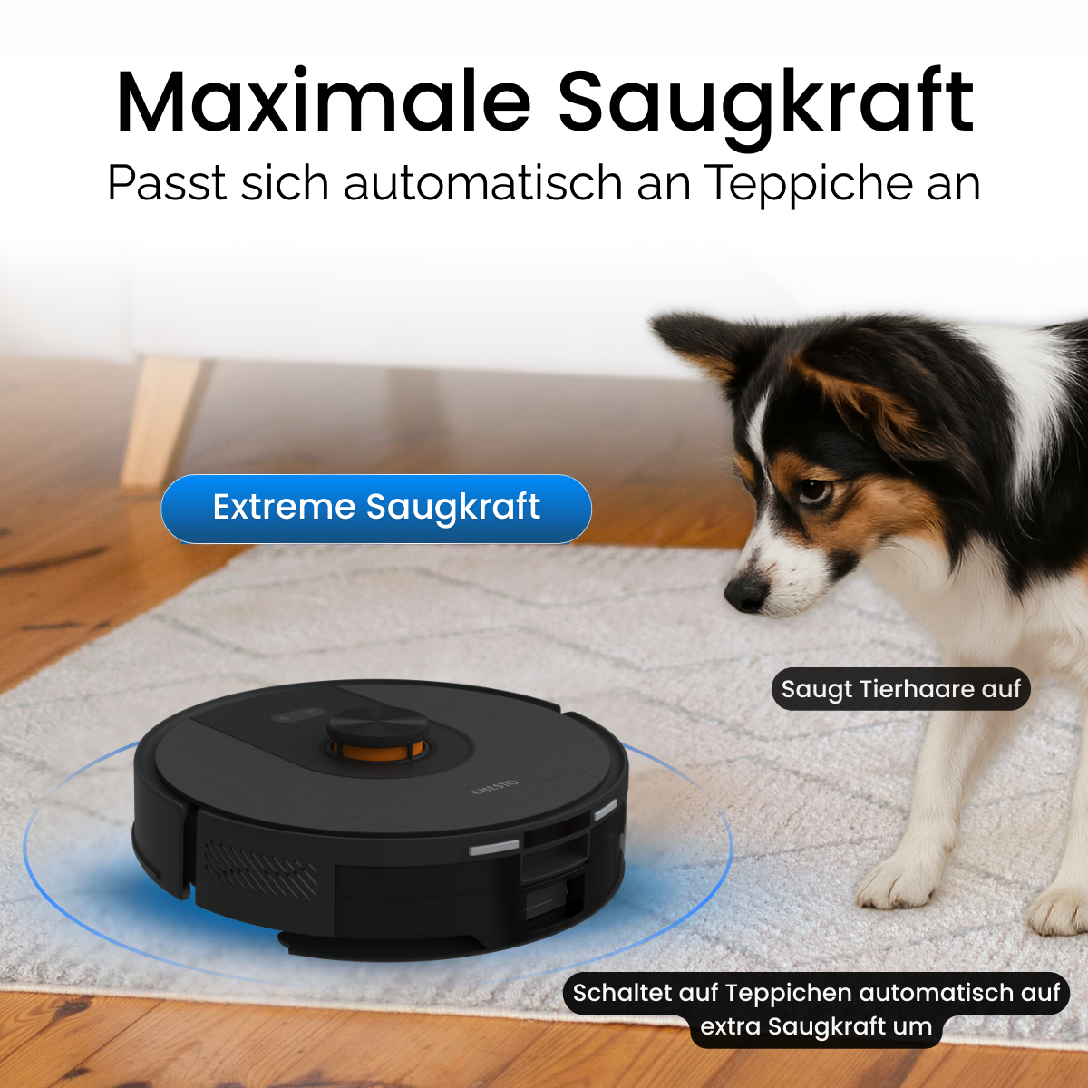 Un robot aspirapolvere con un cane su un tappeto. Il testo dice 'Potenza di aspirazione estrema' e 'Aspira i peli degli animali'.