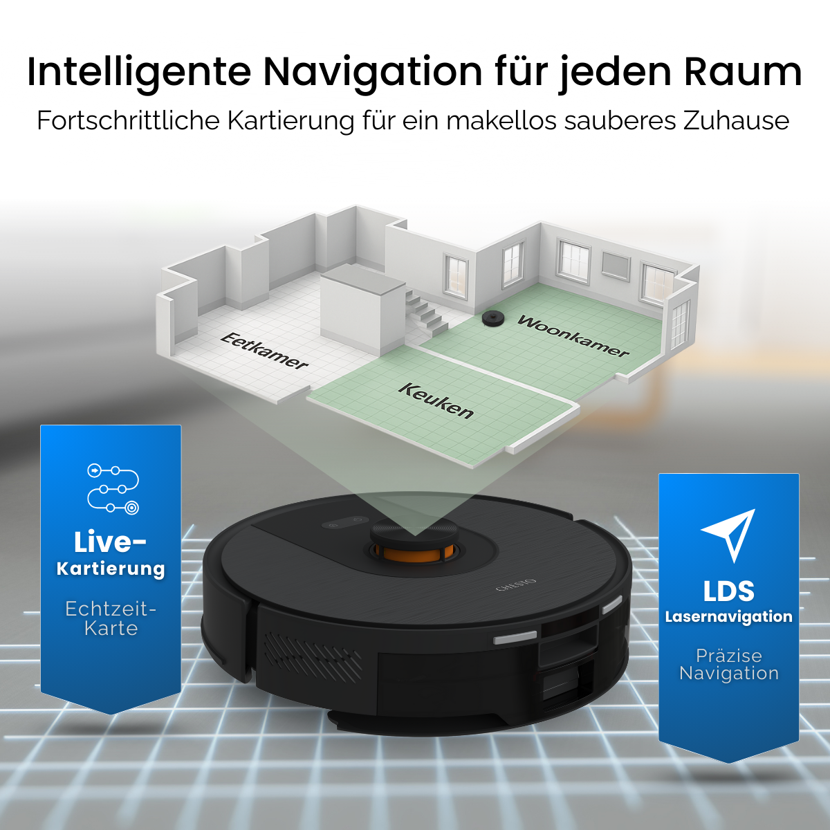 Un robot aspirapolvere con planimetria della casa. Include mappatura live, navigazione laser ed etichette delle stanze.