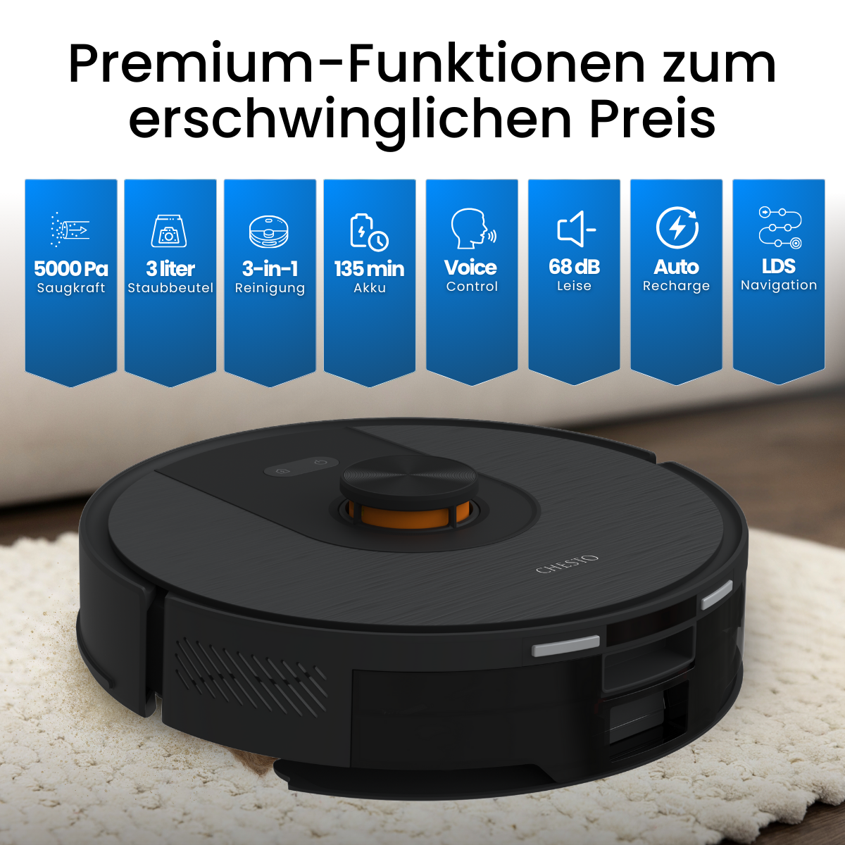 Un aspirapolvere robotico nero su un tappeto bianco. Include controllo vocale, ricarica automatica e navigazione LDS.